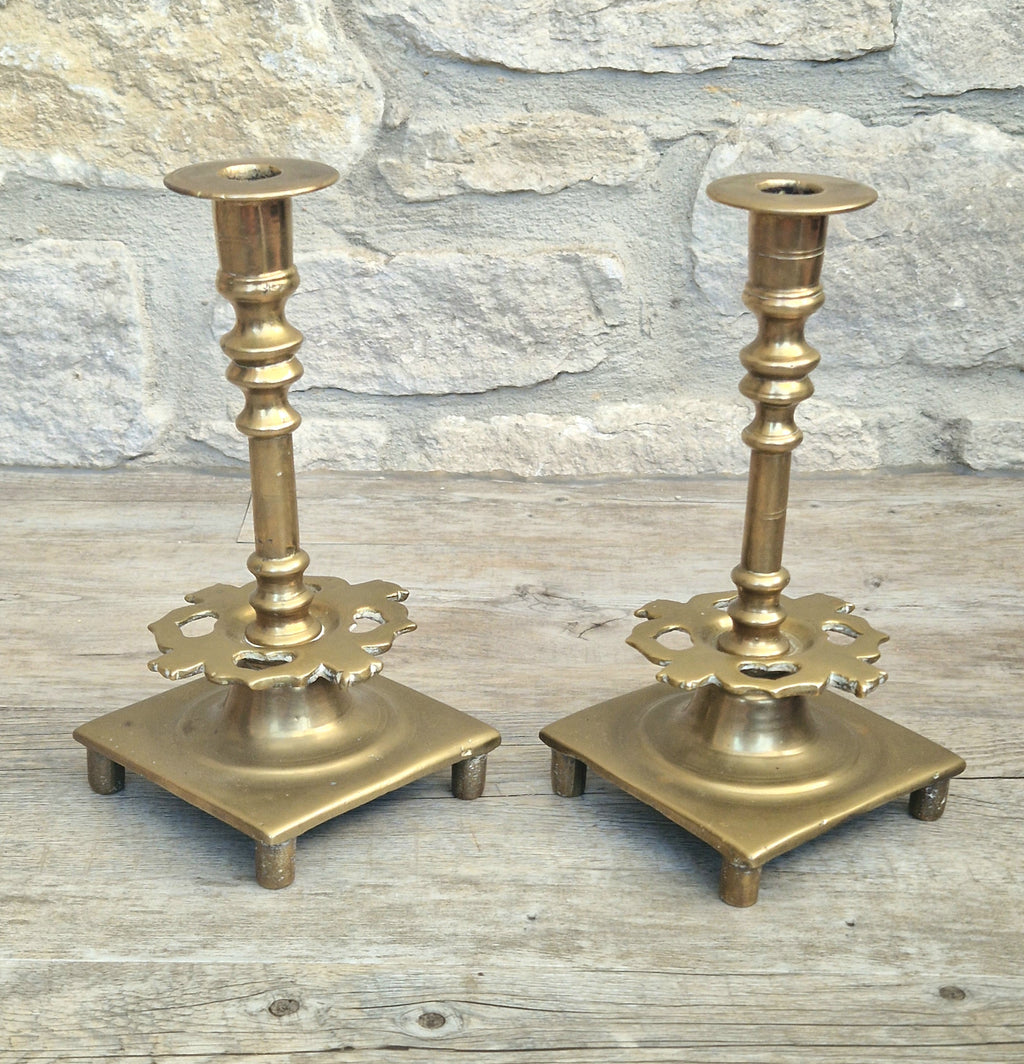 18th Century Solid Turned Brass Russian Sabbat Candle Holder Sticks Very Rare