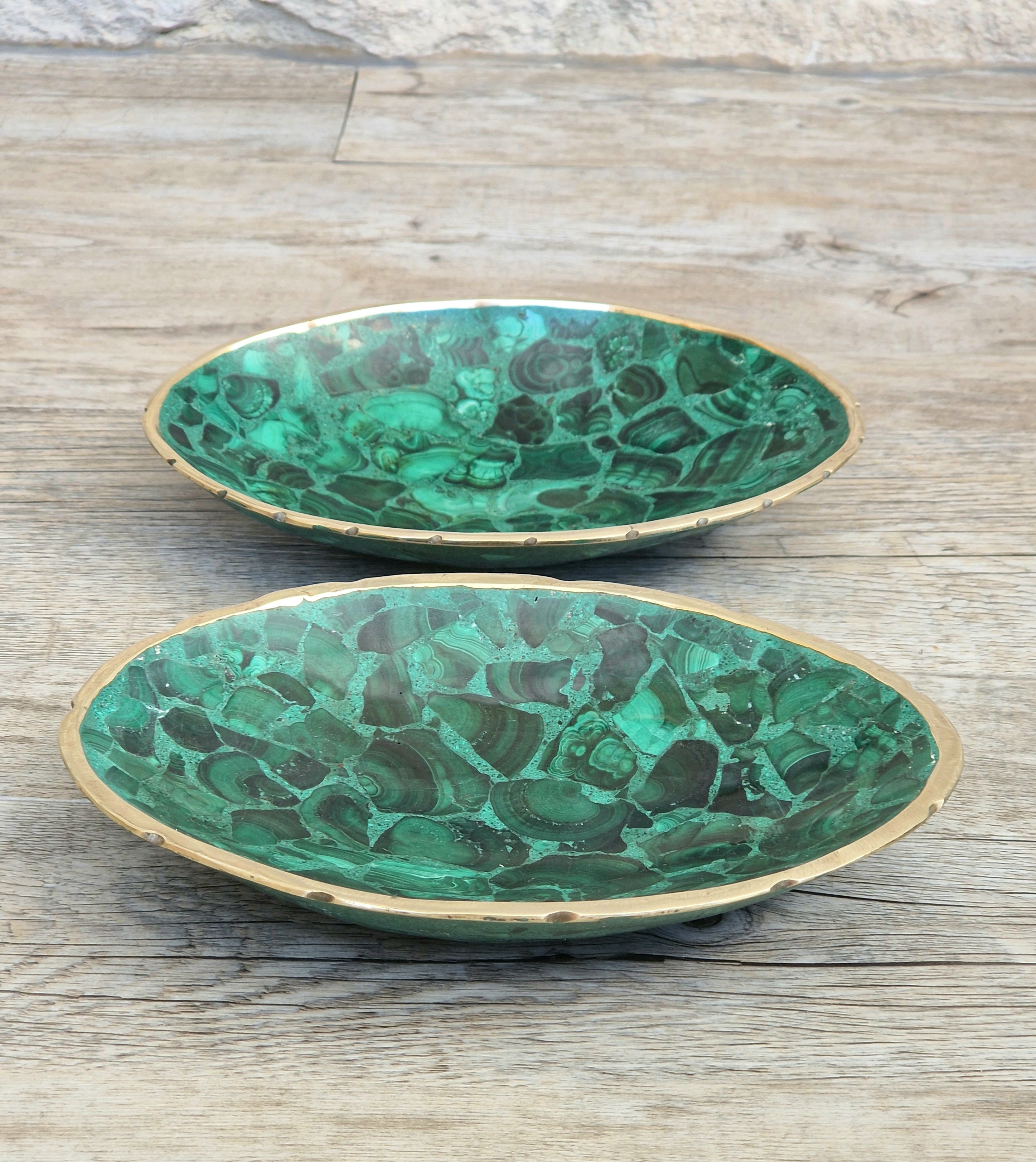 Pair of Stunning Fine Midcentury Malachite & Brass Oval Vide Poche Catch-All Decorative Bowls