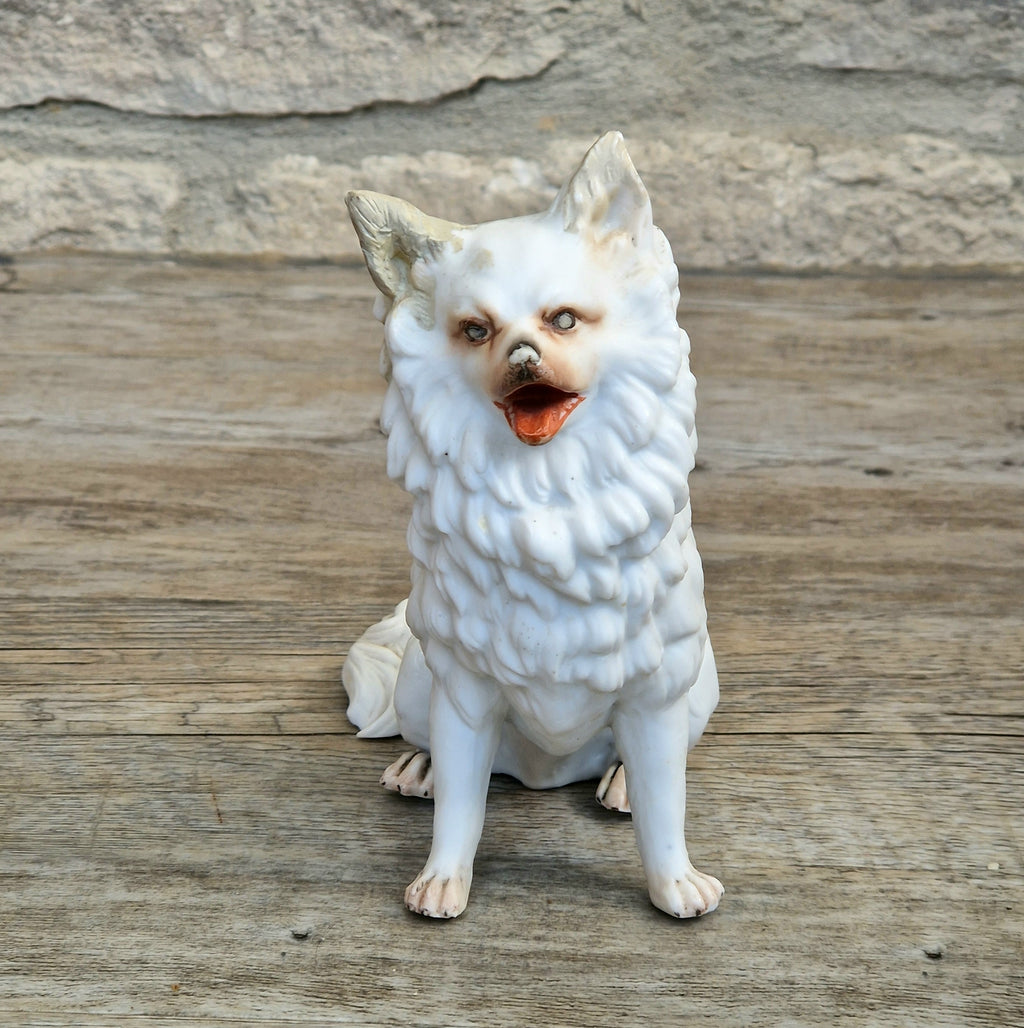 Antique Heubach Bisque Sitting Panting Spitz Dog: German Figure, Circa 1864-1880