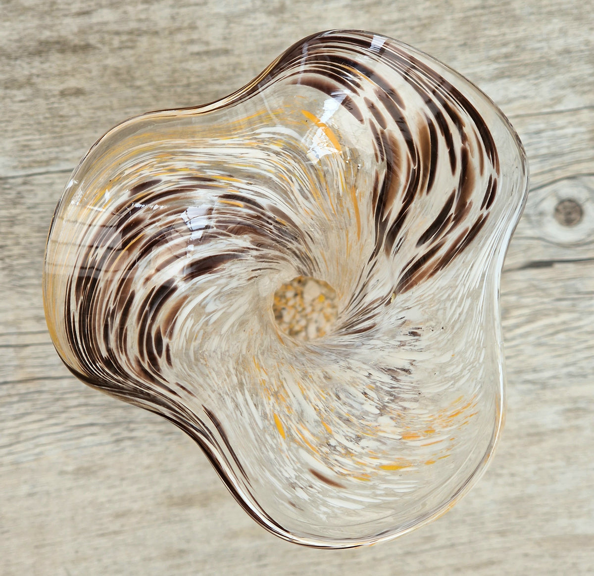 Vintage Art Glass Confetti Vase, Handblown Clear Glass with White, Amber, Brown Flecks, Flared Rim