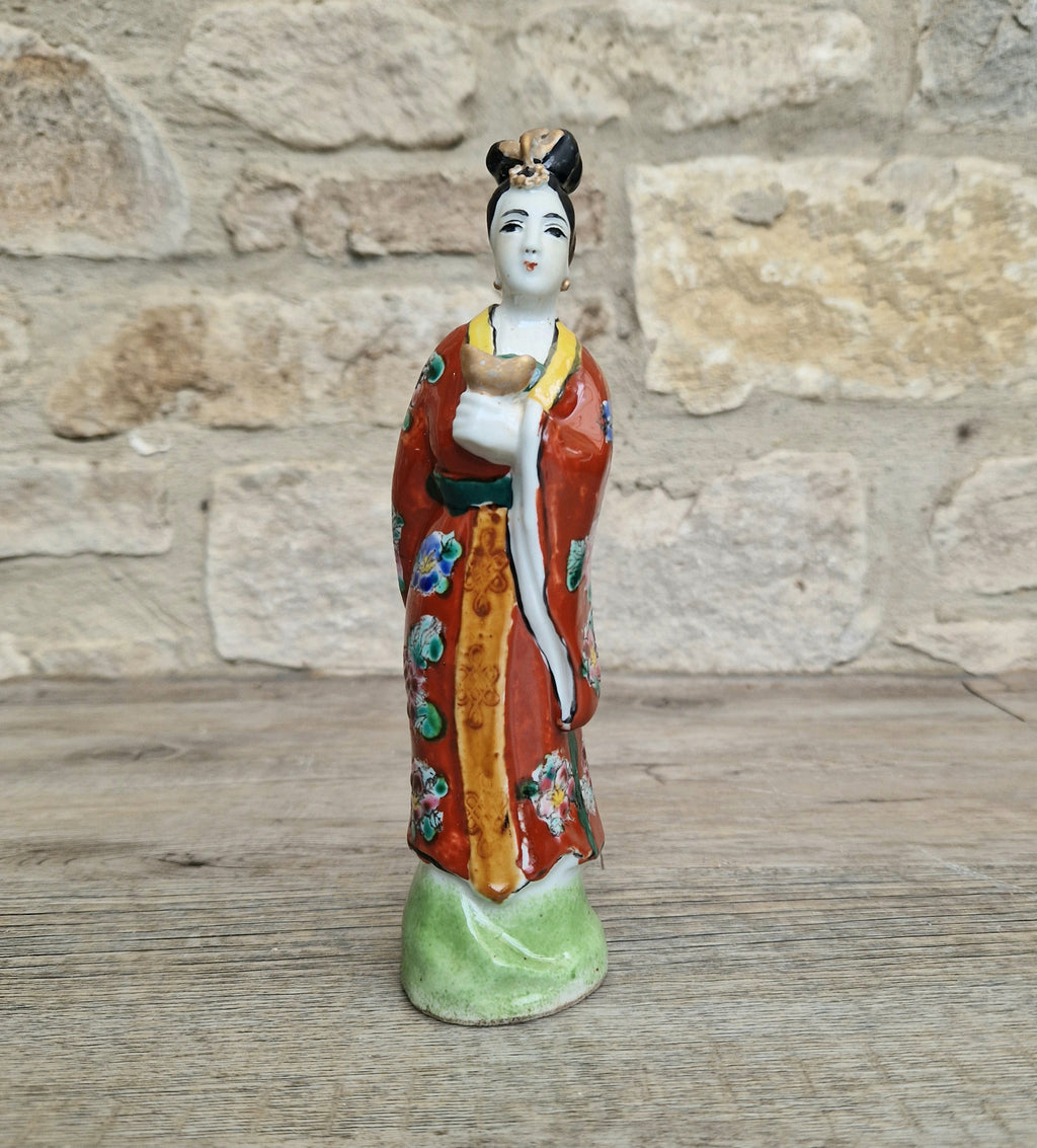 Antique Chinese Qing Hand-Painted Porcelain Figurine Statue Ho Hsien-Ku Daoist Immortal Maiden