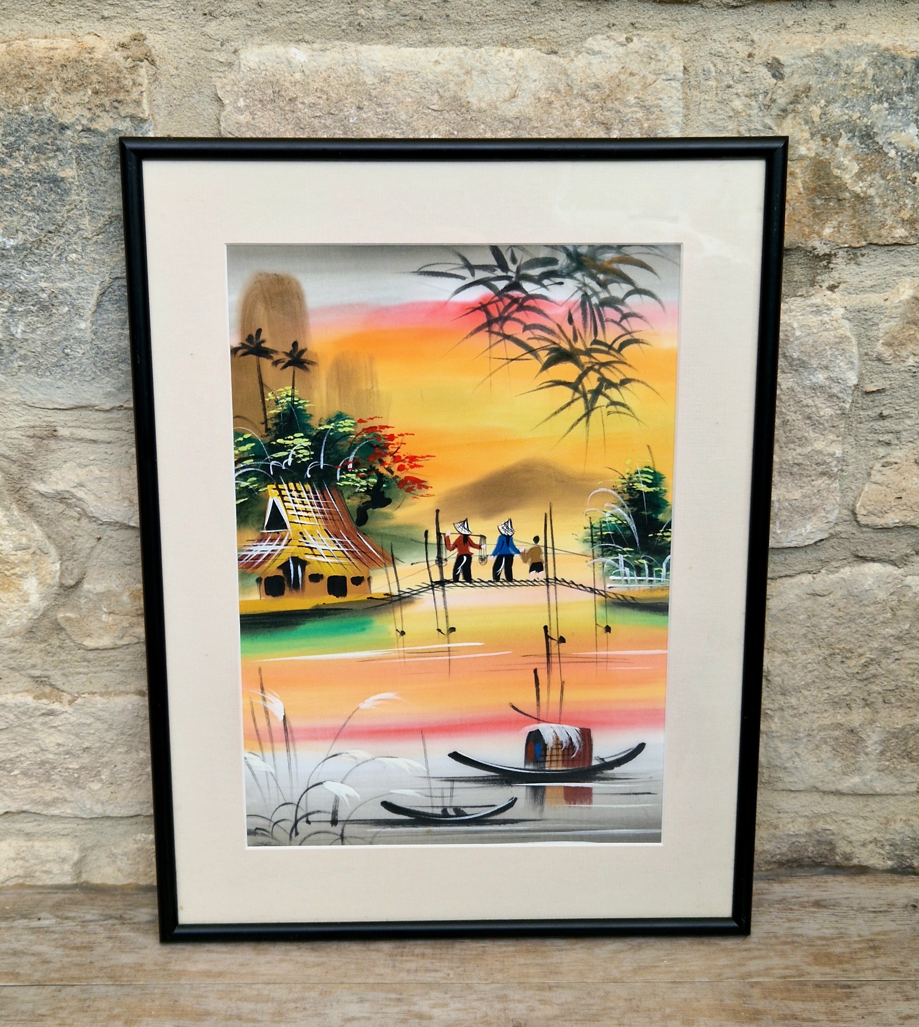 Vietnamese Silk Painting Framed Sunset River Scene Art Designed Traditional Asian Vintage Wall Decor