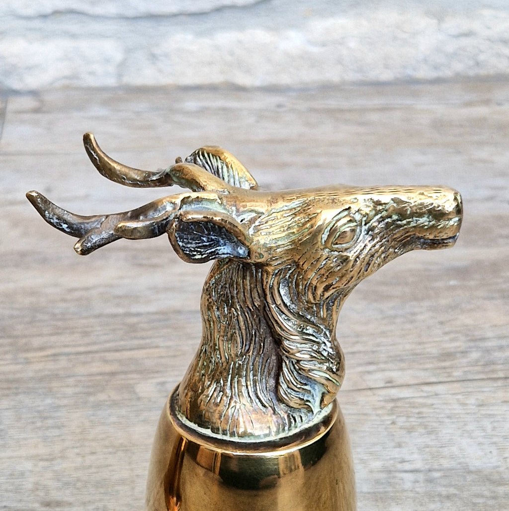 Pair Vintage Brass Stag Stirrup Cups Silver Plated Interiors Naturally Patinated Hunting Barware 1970s
