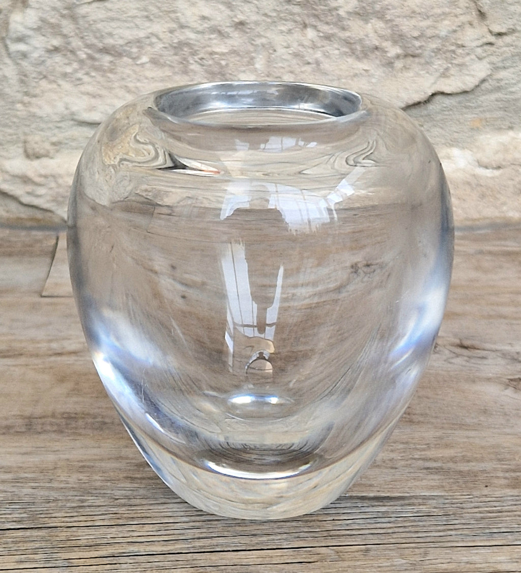 Heavy Mid-Century Clear Hand-Blown Art Glass Ovoid Vase With Polished Frosted Ring Base
