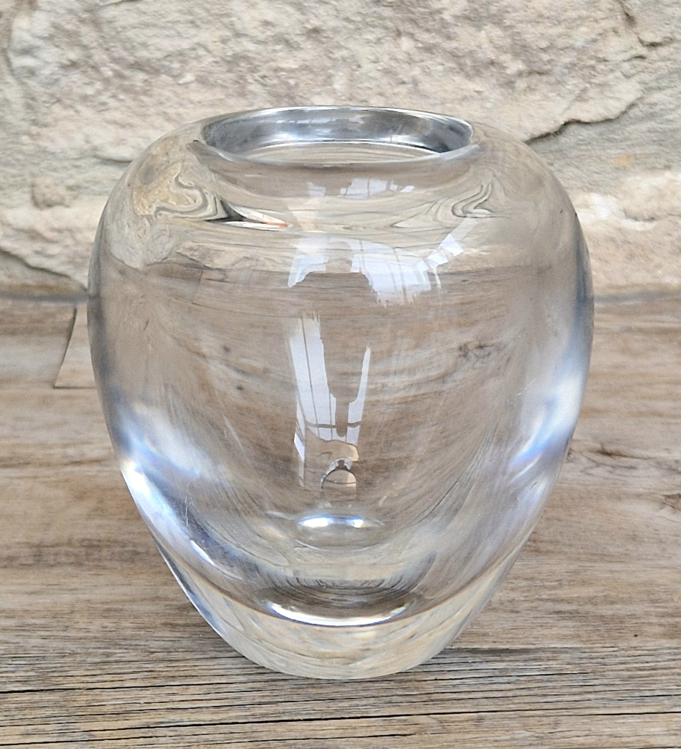 Heavy Mid-Century Clear Hand-Blown Art Glass Ovoid Vase With Polished Frosted Ring Base