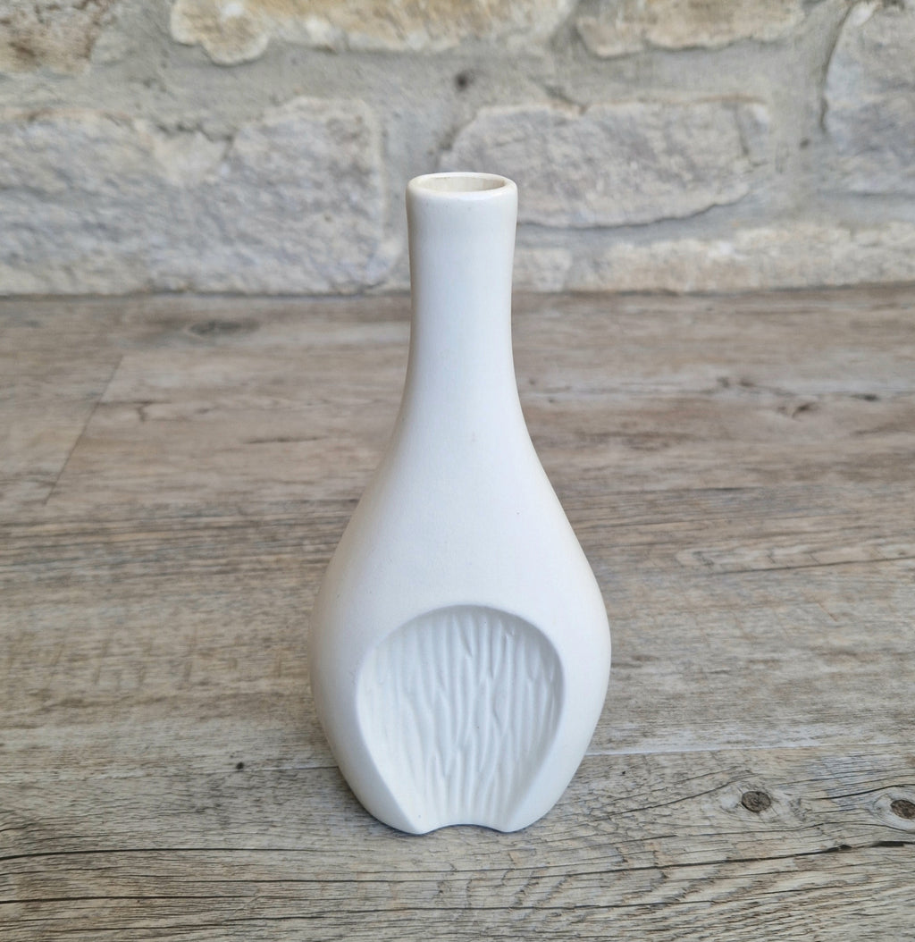 Fulham Pottery White Vase Satin Glaze Textured Cut Away Design Stem Vase Vintage