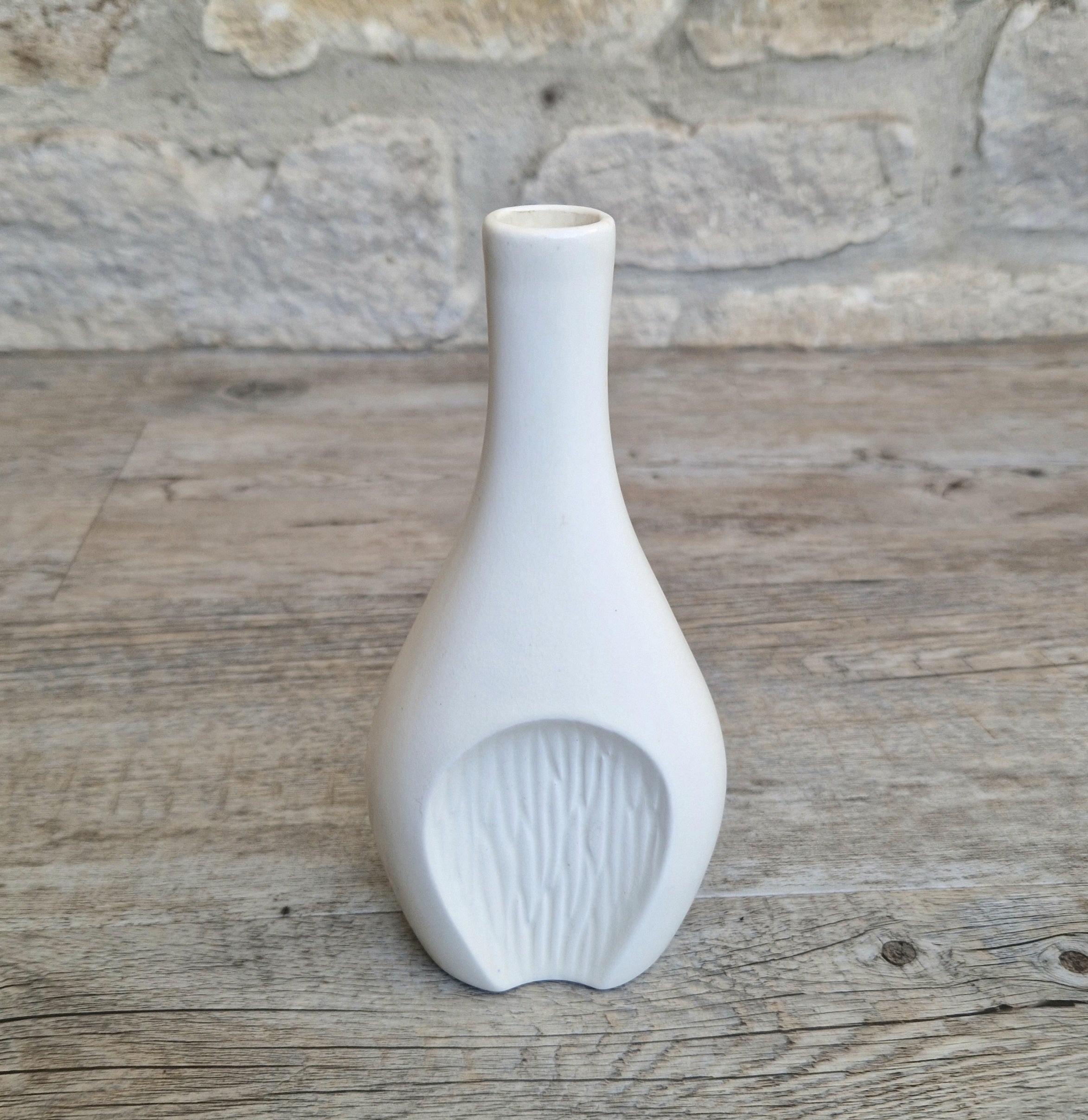 Fulham Pottery White Vase Satin Glaze Textured Cut Away Design Stem Vase Vintage