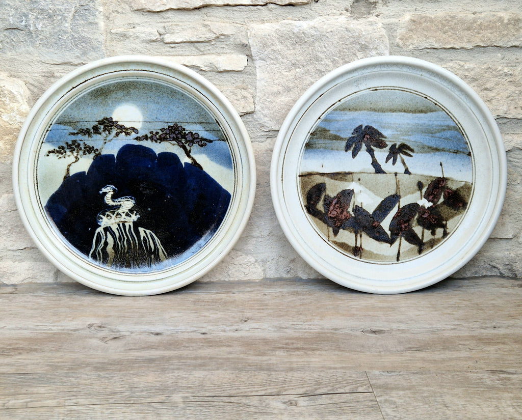 Ian Pirie Studio Pottery Diptych Wall Plaques Night & Day Vintage Scottish Ceramic Landscape Chargers