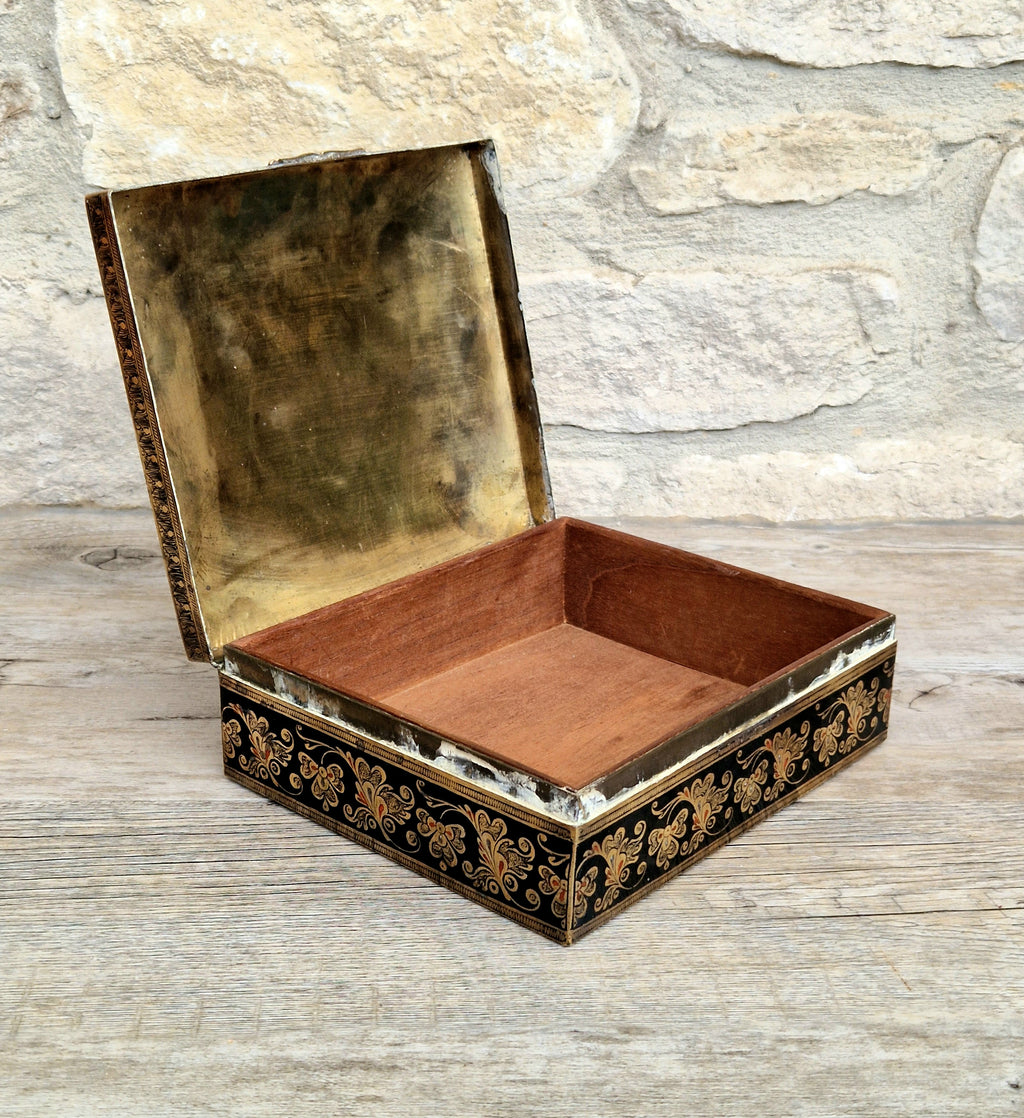 Vintage Brass Black Enamelled Large Ornate Teak-Lined Desk Cigar Box