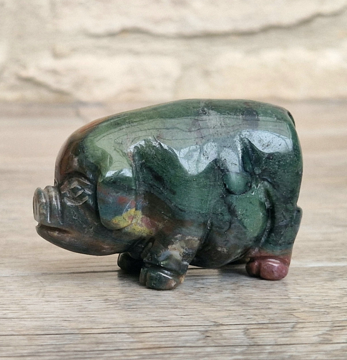 Vintage Fine Carved Moss Agate Standing Pig Figure Ornament 6.3cm