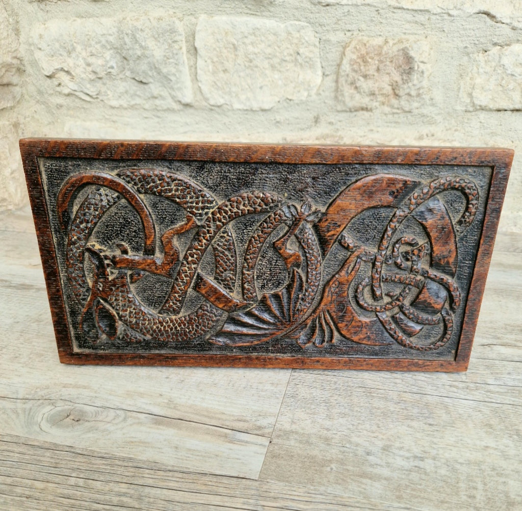 Antique Oak Dragon Foot Stool Carved Celtic Design, Rustic Foldable Furniture