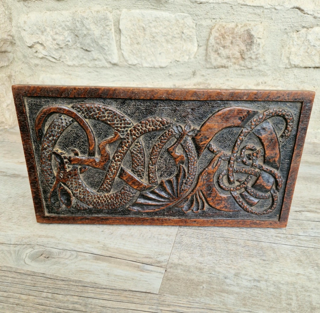 Antique Oak Dragon Foot Stool Carved Celtic Design, Rustic Foldable Furniture