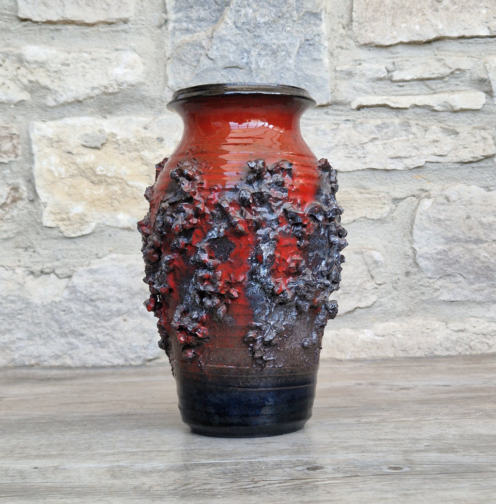 Mid-Century Glit Iceland Lava Pottery Vase Red 23.5cm Volcanic Studio Ceramic