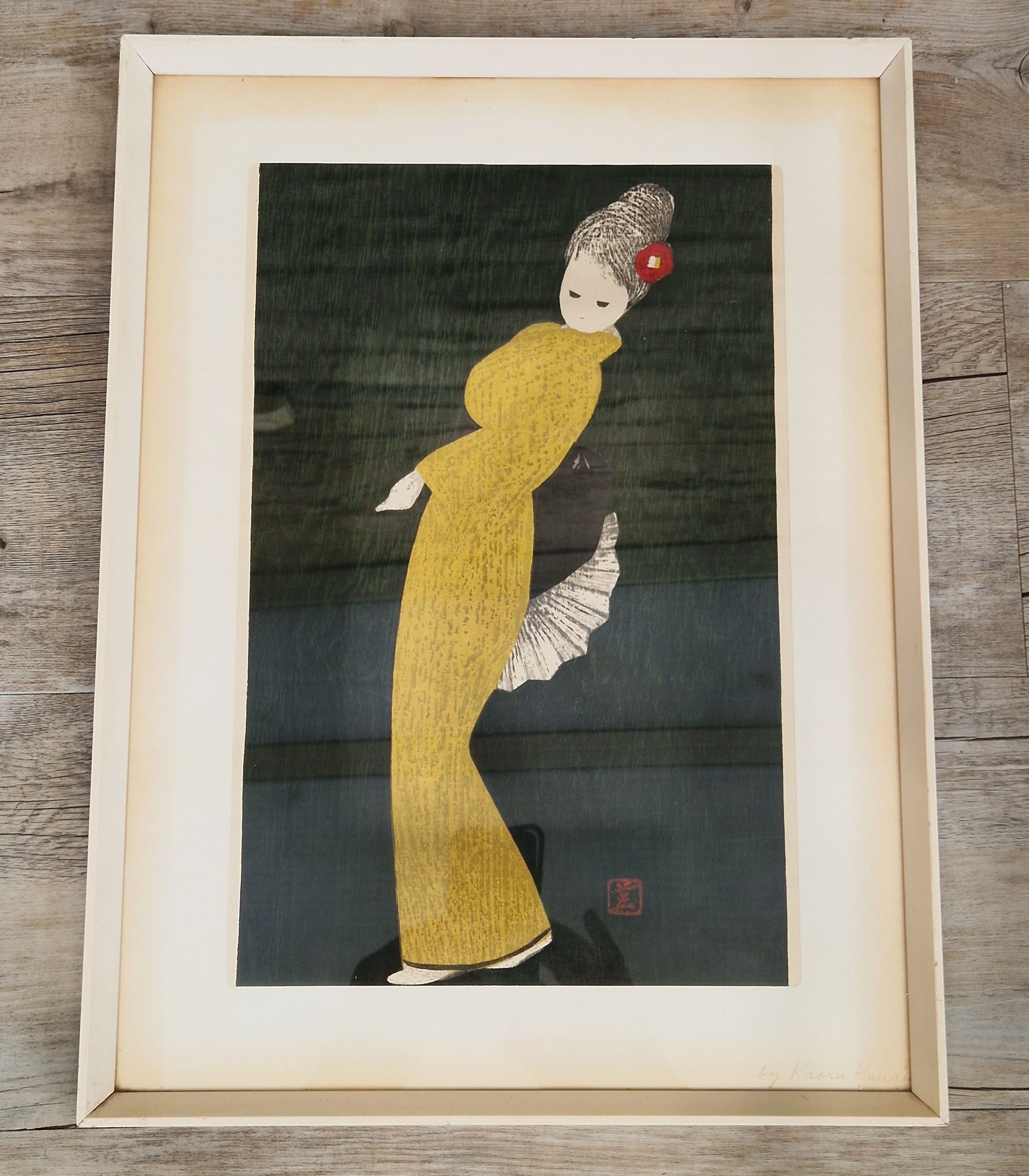 Vintage Kaoru Kawano Large Japanese Woodblock Print Camellia Yellow Kimono Mid-Century Framed