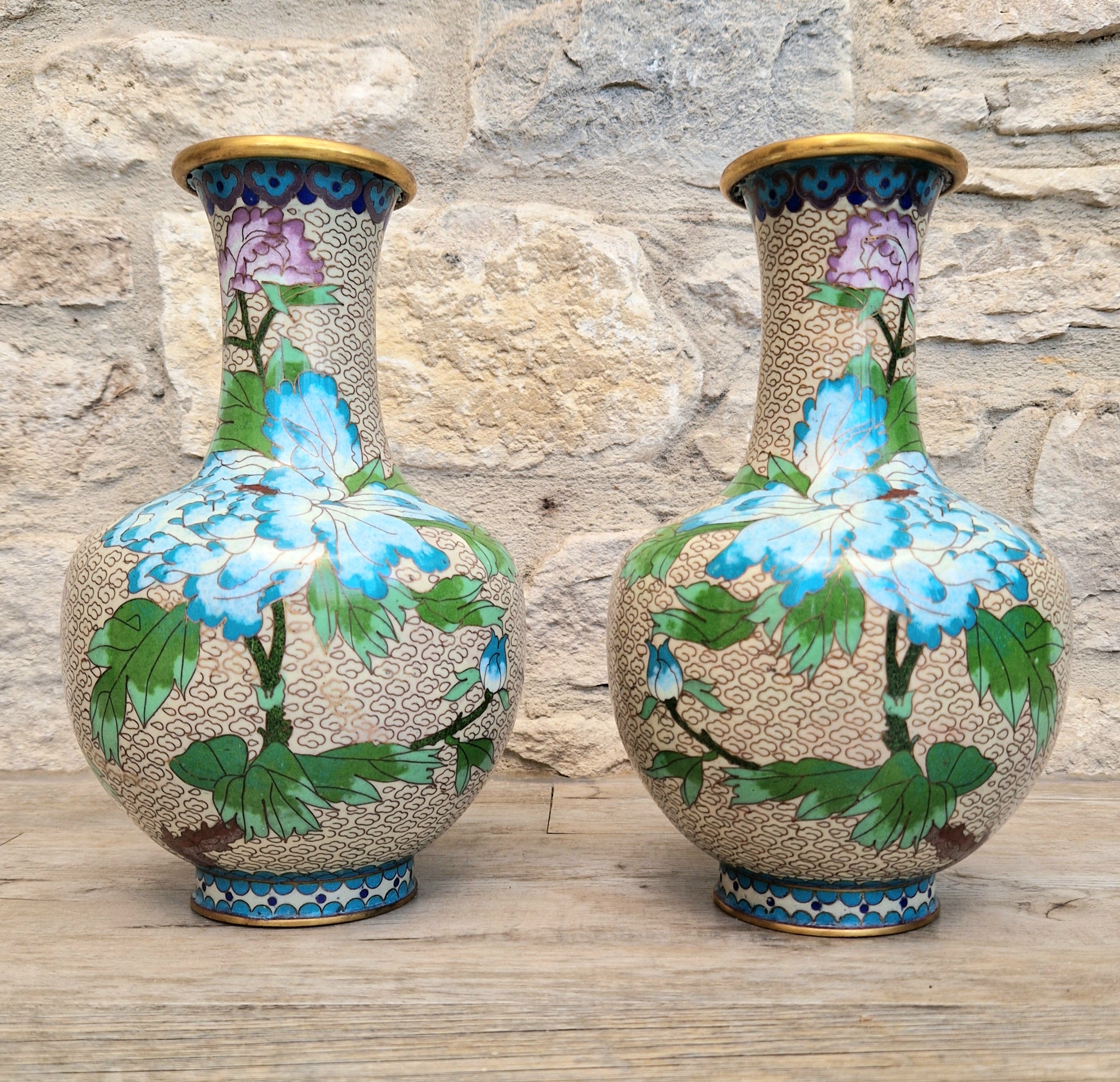 Pair Of Large Cloisonne Mirror Matched Peony Vases Mid 20th Century Exemplary Condition 23cm