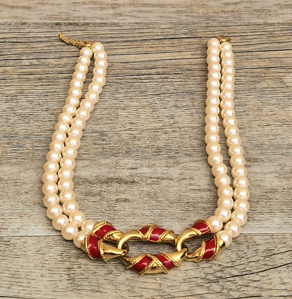 Vintage Double Strand Faux Pearl Necklace with bold gold and red enamel Statement Embellished Richelieu 40cm
