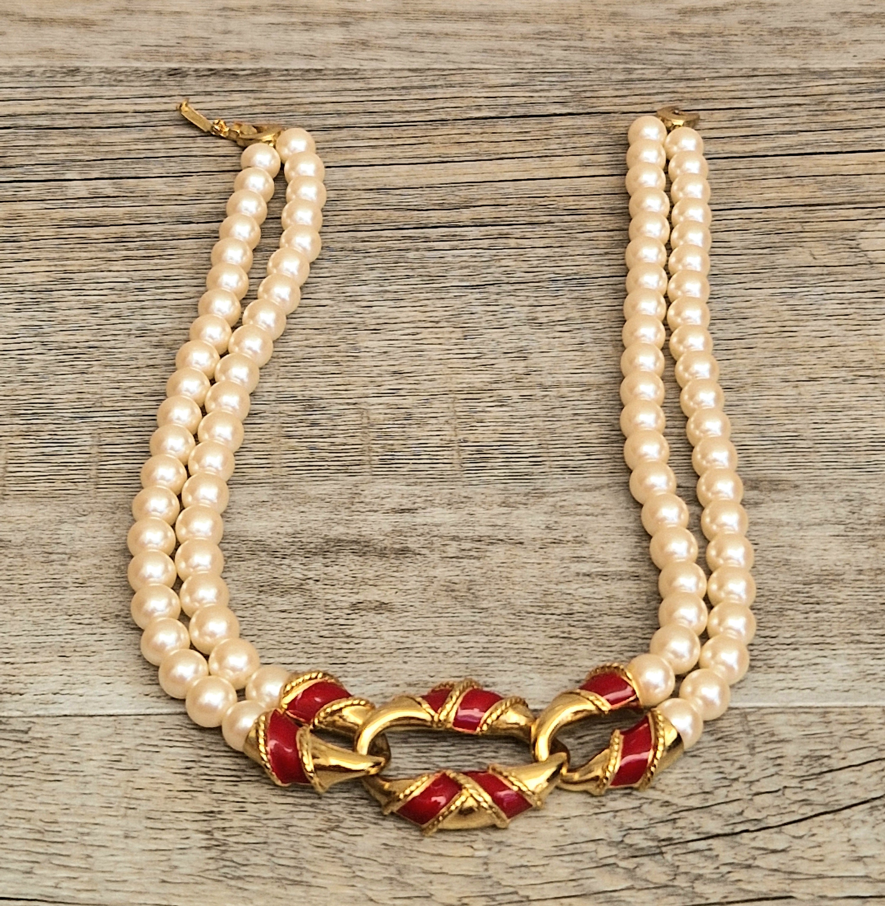 Vintage Double Strand Faux Pearl Necklace with bold gold and red enamel Statement Embellished Richelieu 40cm