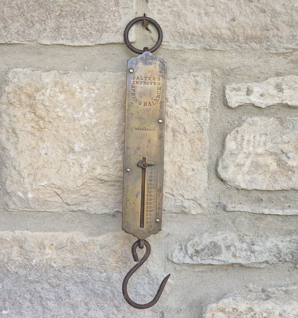 Antique Salter Improved Brass Spring Balance Scale Hanging Pocket Scales 32.5cm Working