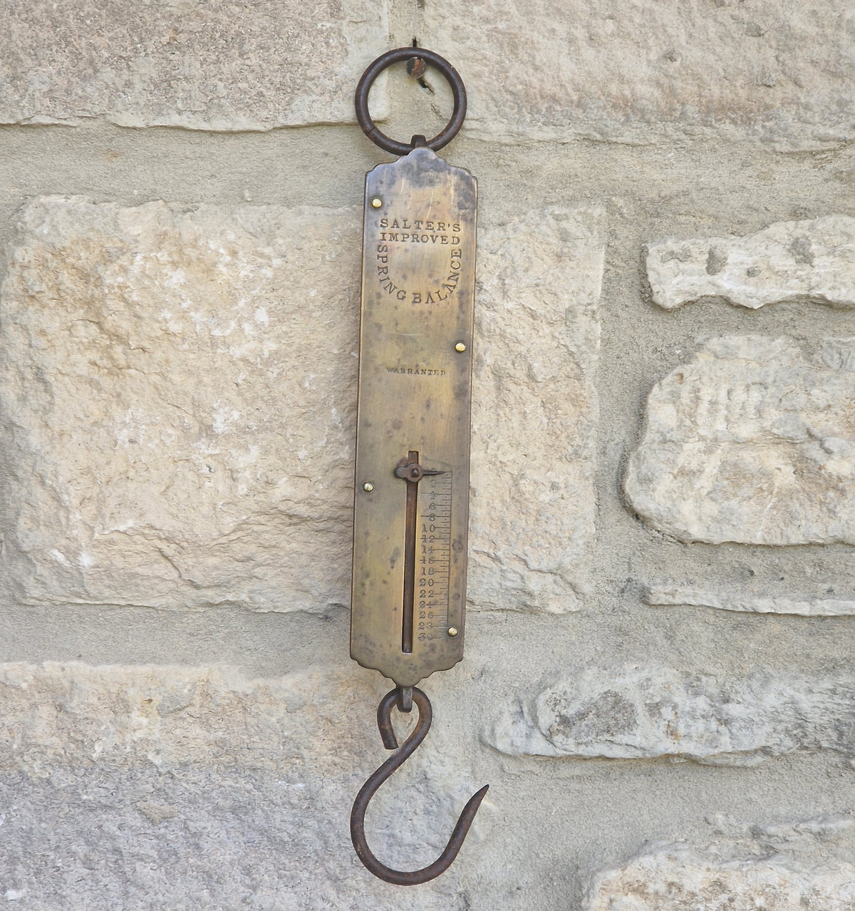 Antique Salter Improved Brass Spring Balance Scale Hanging Pocket Scales 32.5cm Working