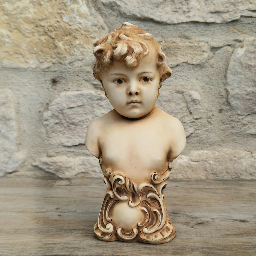 Antique NeoClassical Continental Patinated Bisque Porcelain Putti Boy Bust Figure Ornament