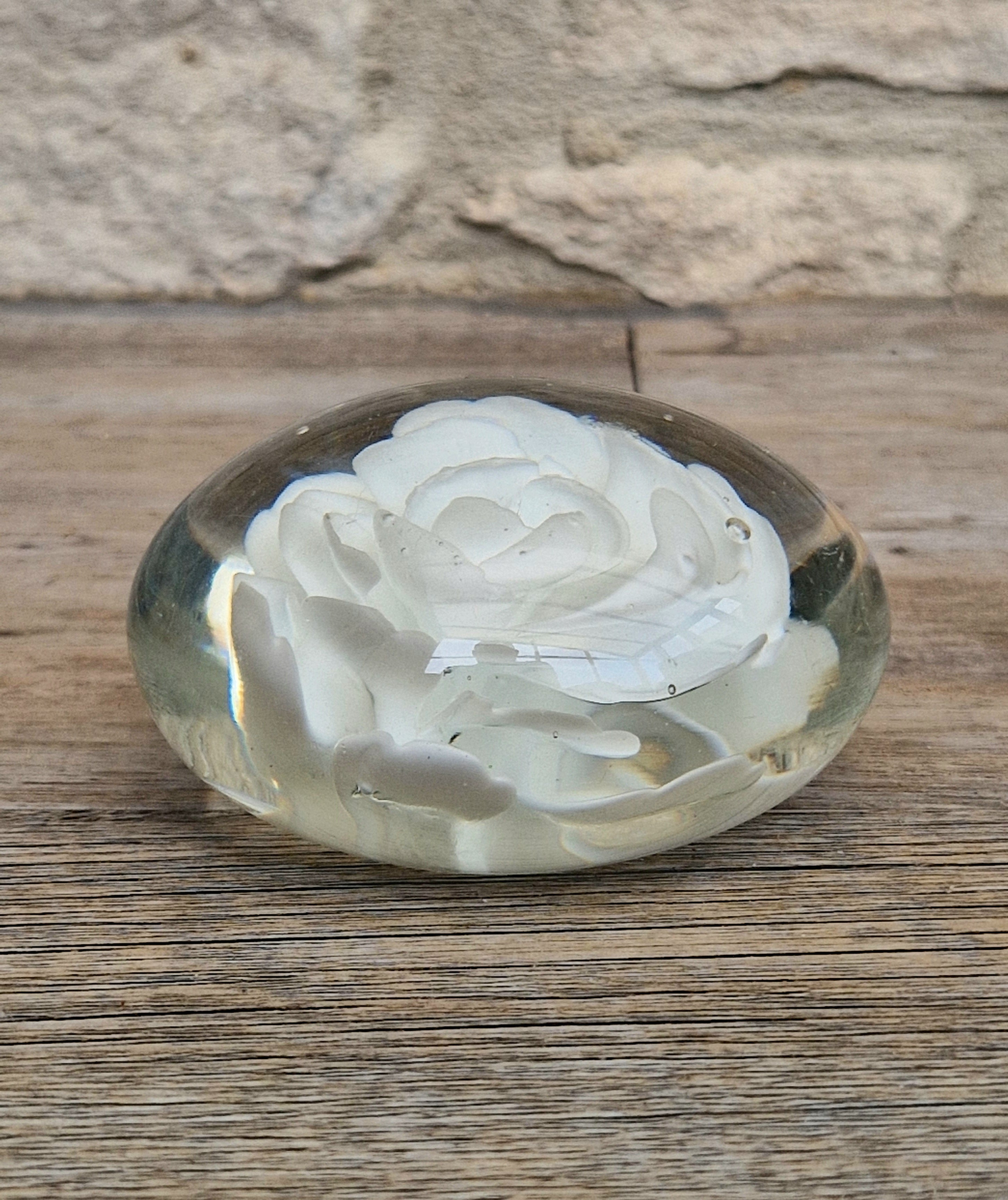 Vintage White Rose Lenticular Glass Paperweight