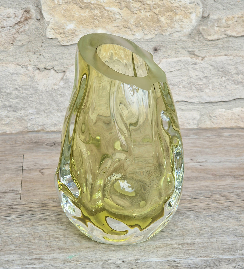 Murano Burri Glass Asymetrical Vase Light Olive Green Heavy Textured Vintage