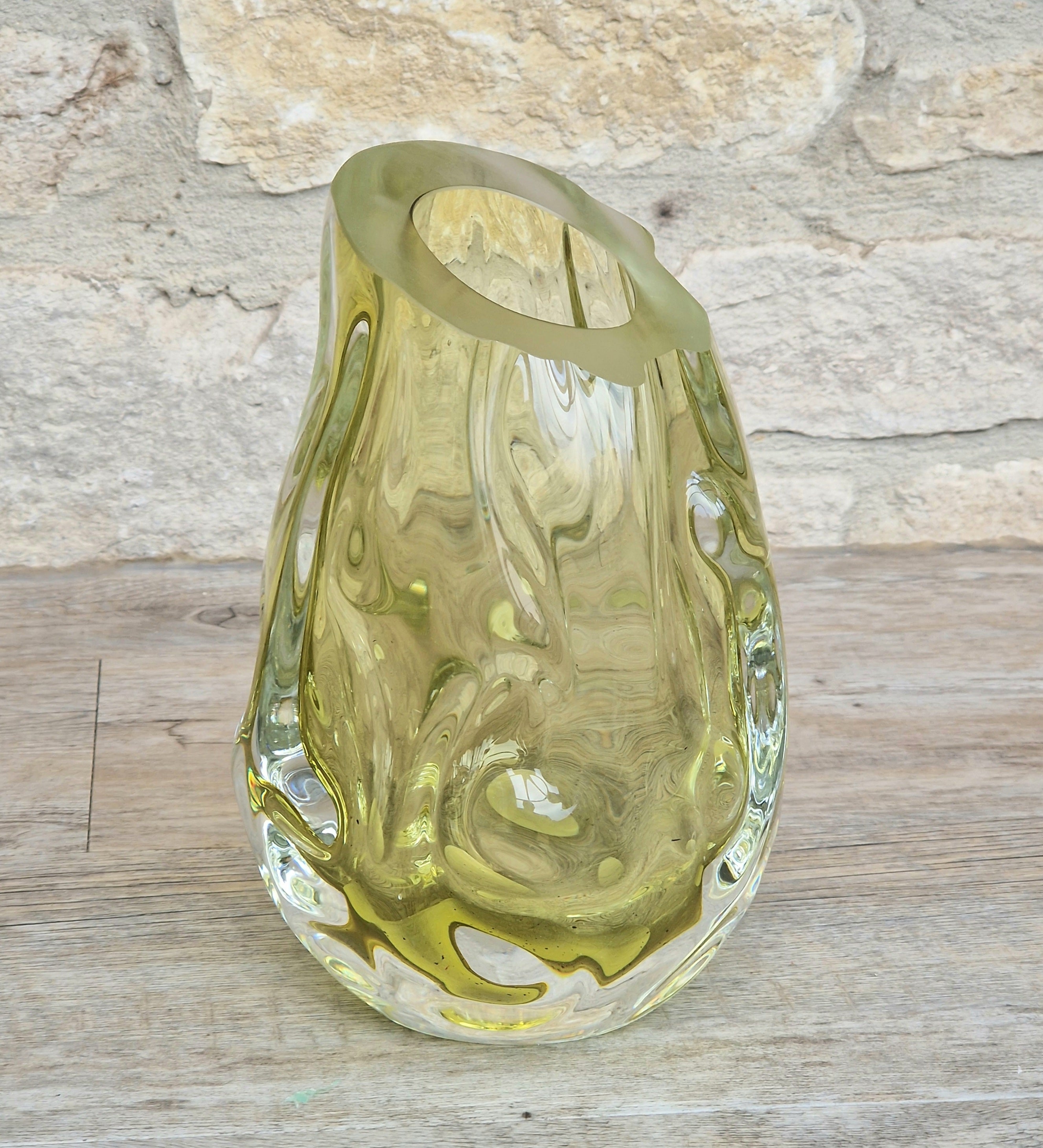 Murano Burri Glass Asymetrical Vase Light Olive Green Heavy Textured Vintage