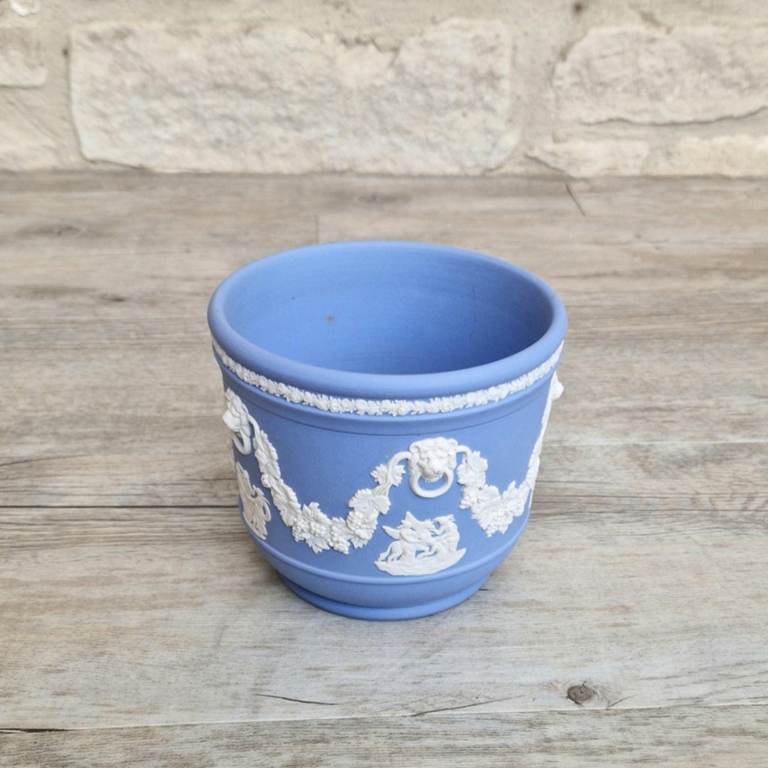 Wedgwood Jasperware Blue & White Neoclassical Sprigged Cachepot Planter Vase