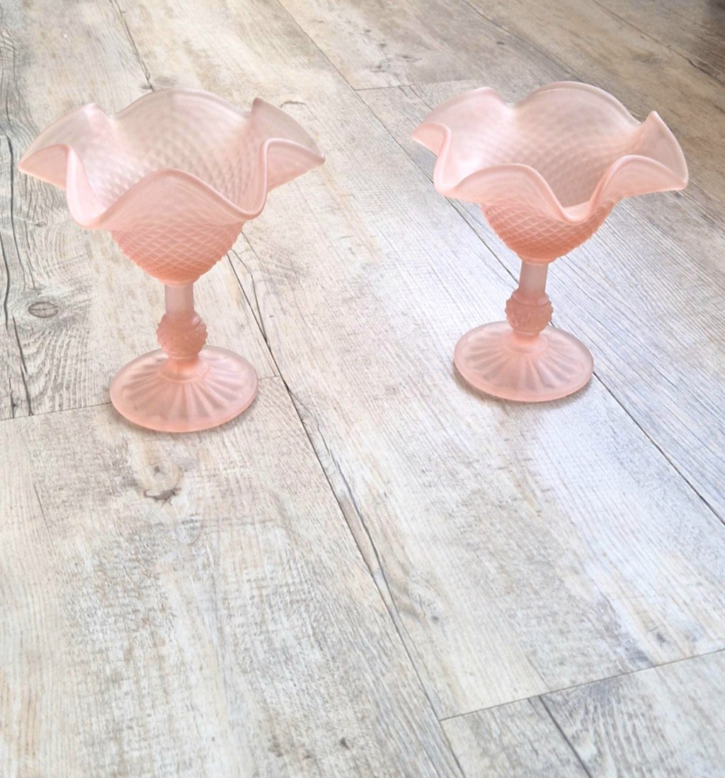 Vintage Pink Satin Glass Hobnail Pedestal Sundae Dessert Glasses Set of 2 Retro Dishes
