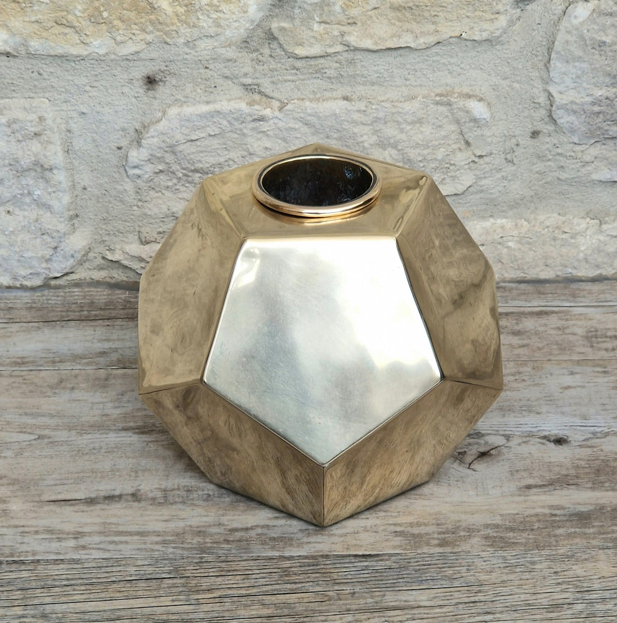 Antique Geometric Brass Dodecahedron Vase Secessionist Jugendstil Planter With Copper Removable Insert Liner