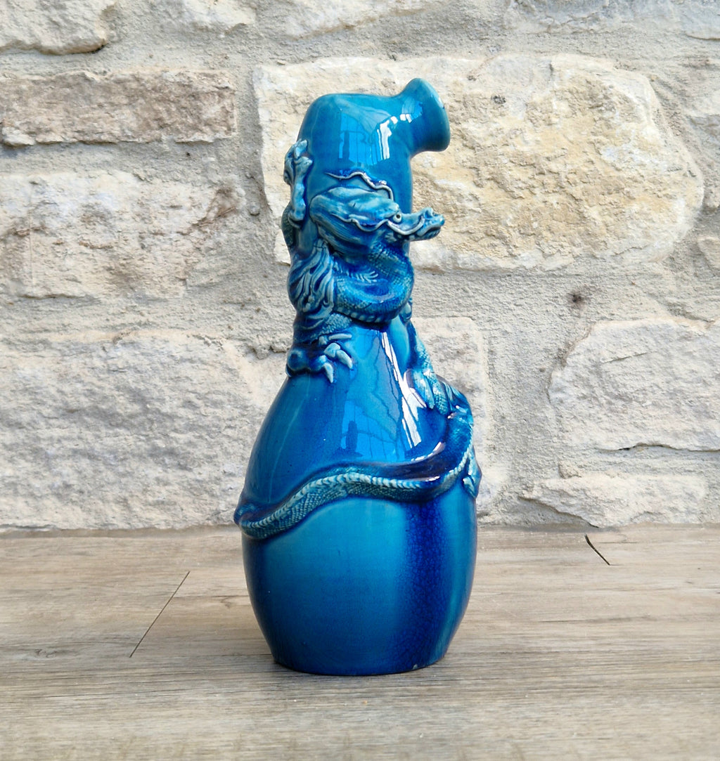 Antique Japanese Awaji Meiji Period Turquoise Pottery Dragon Bottle Vase