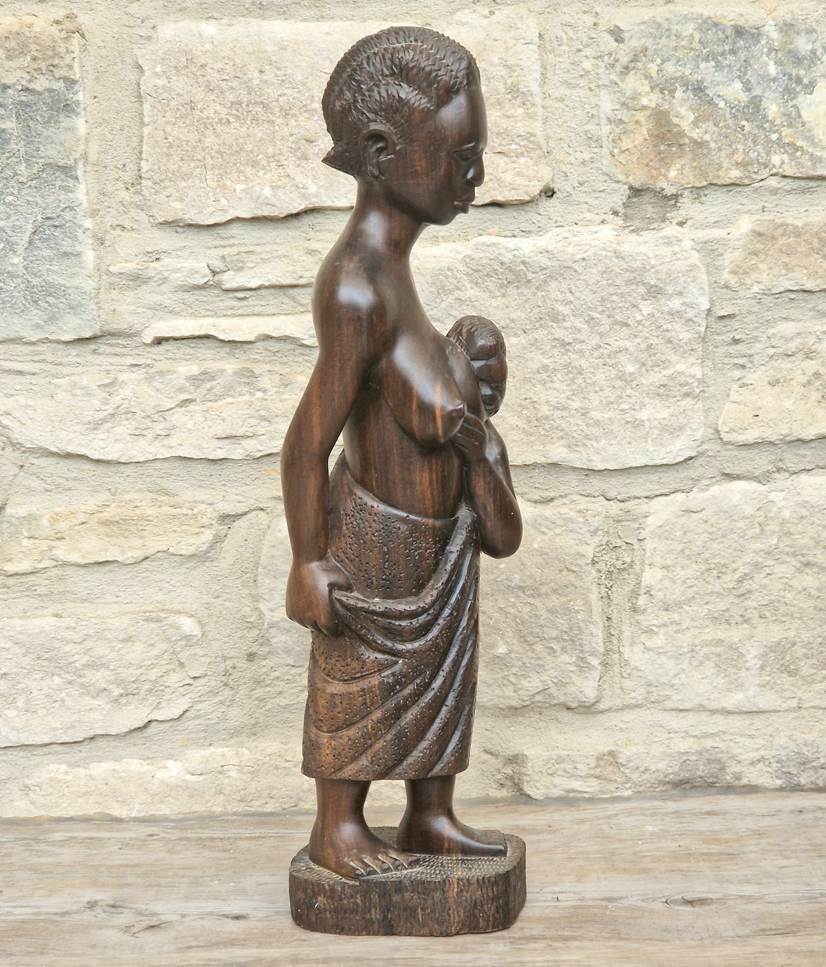 Vintage African Ebony Wood Mother Child Statue Hand Carved Tribal Figurine Boho Ethnic Home Decor