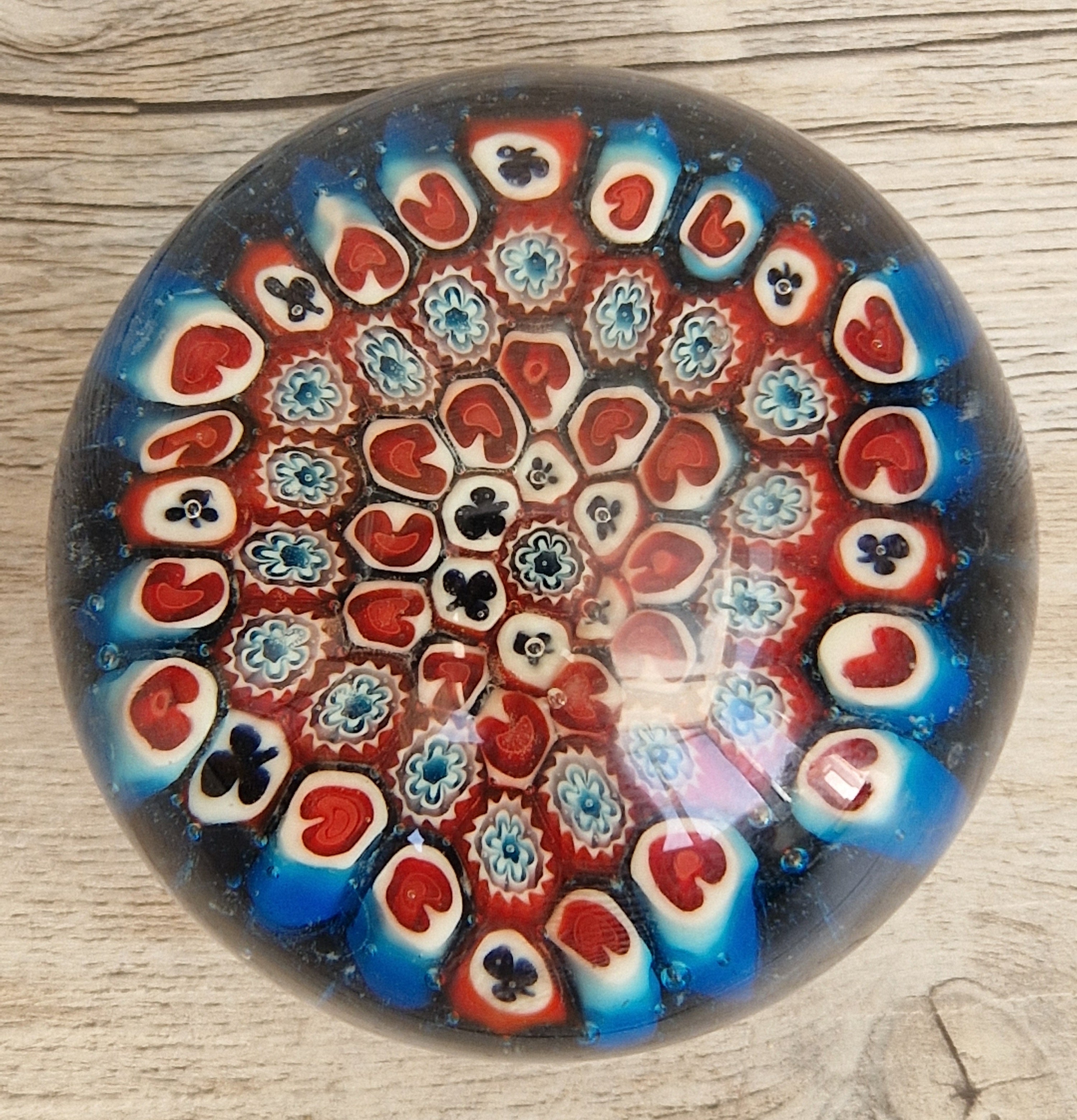 Vintage Murano Red and Blue Glass Hearts & Clubs Millifiore Round Paperweight