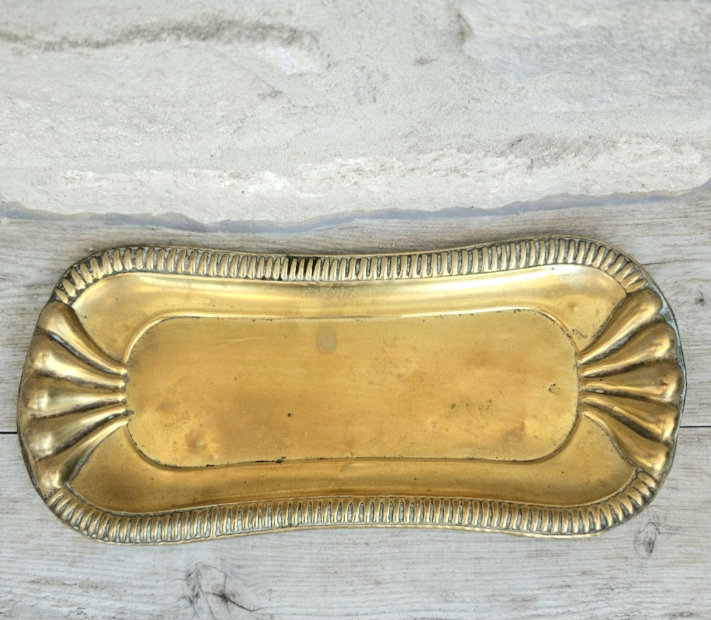 Antique Art Nouveau Brass Trinket Tray Ornate Catchall Dish Vanity Decor with Patina 24cm X 10cm