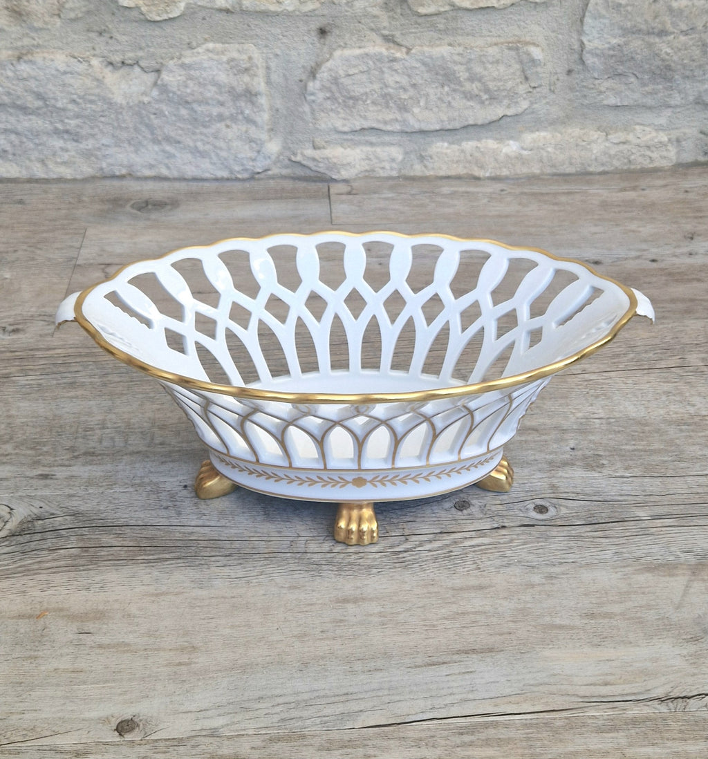 Large Vista Alegre Reticulated White & Gold Ceramic Basket Fruit Bowl Old Paris Style