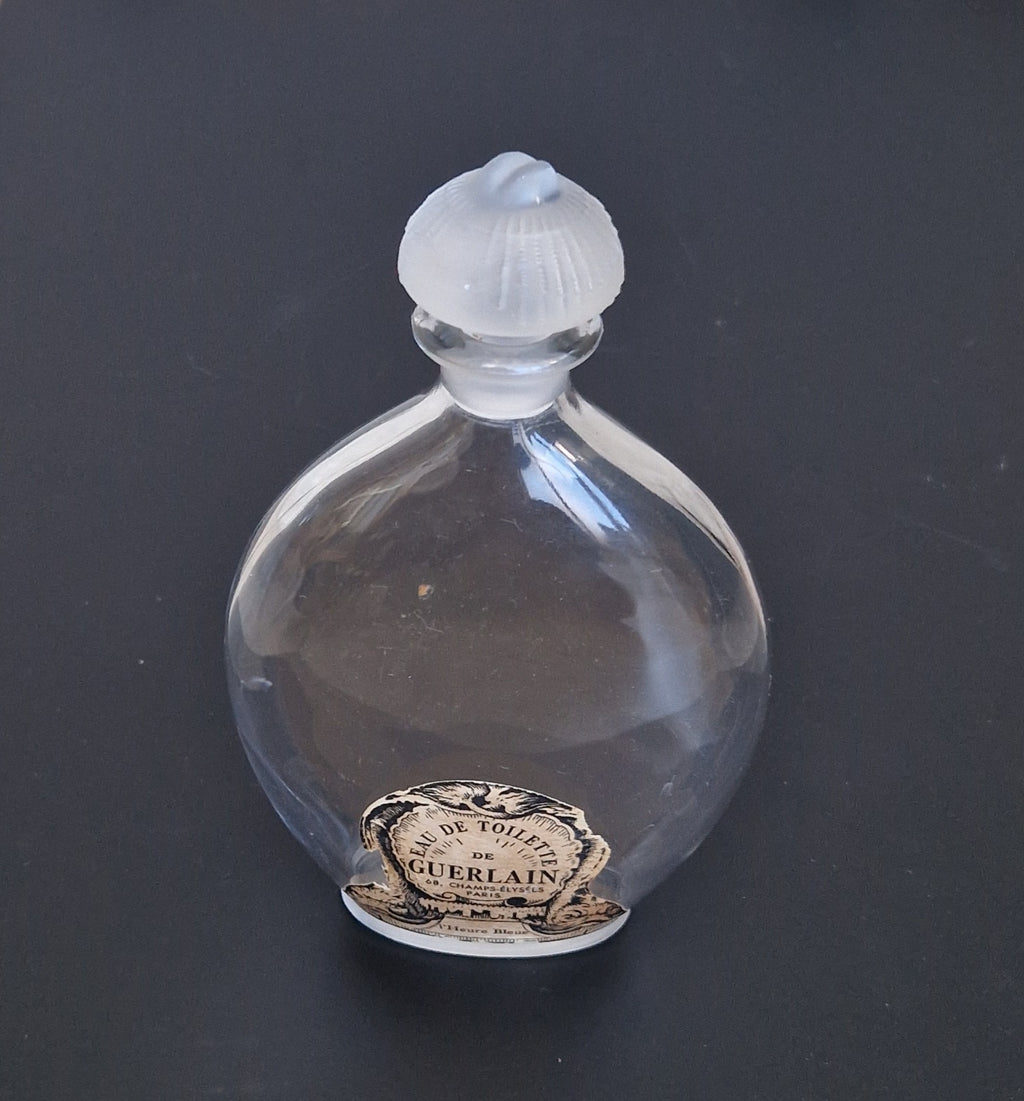 Guerlain Glass Perfume Bottle Dolphin Paper Label Frosted Stopper L'Heure Bleue 'Flacon Goutte' Empty 16.5cm