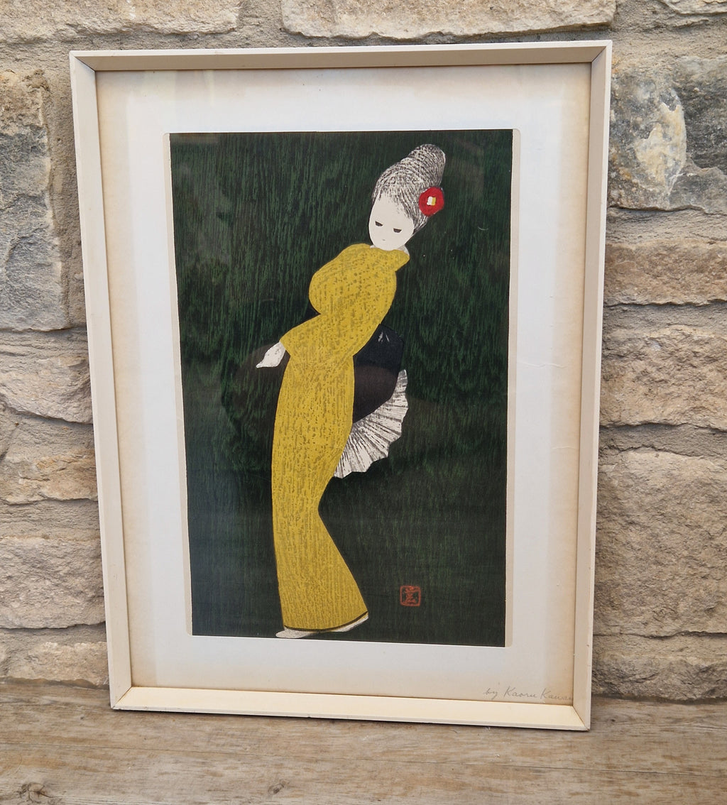 Vintage Kaoru Kawano Large Japanese Woodblock Print Camellia Yellow Kimono Mid-Century Framed