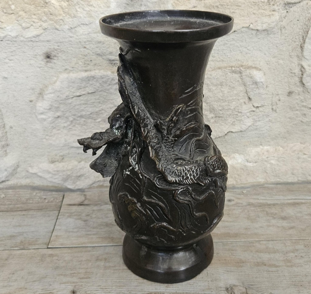 Antique Japanese Bronze Dragon Vase, Meiji Period 19th Century Asian Art Decor 18cm