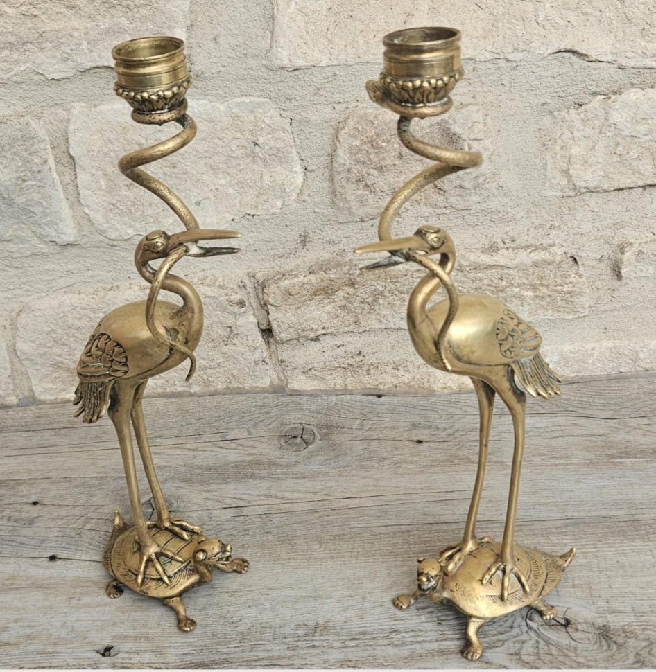 Pair of Antique Candlesticks Japanese Brass Crane Standing On Turtle With Snake Buddhist Early 20th C.