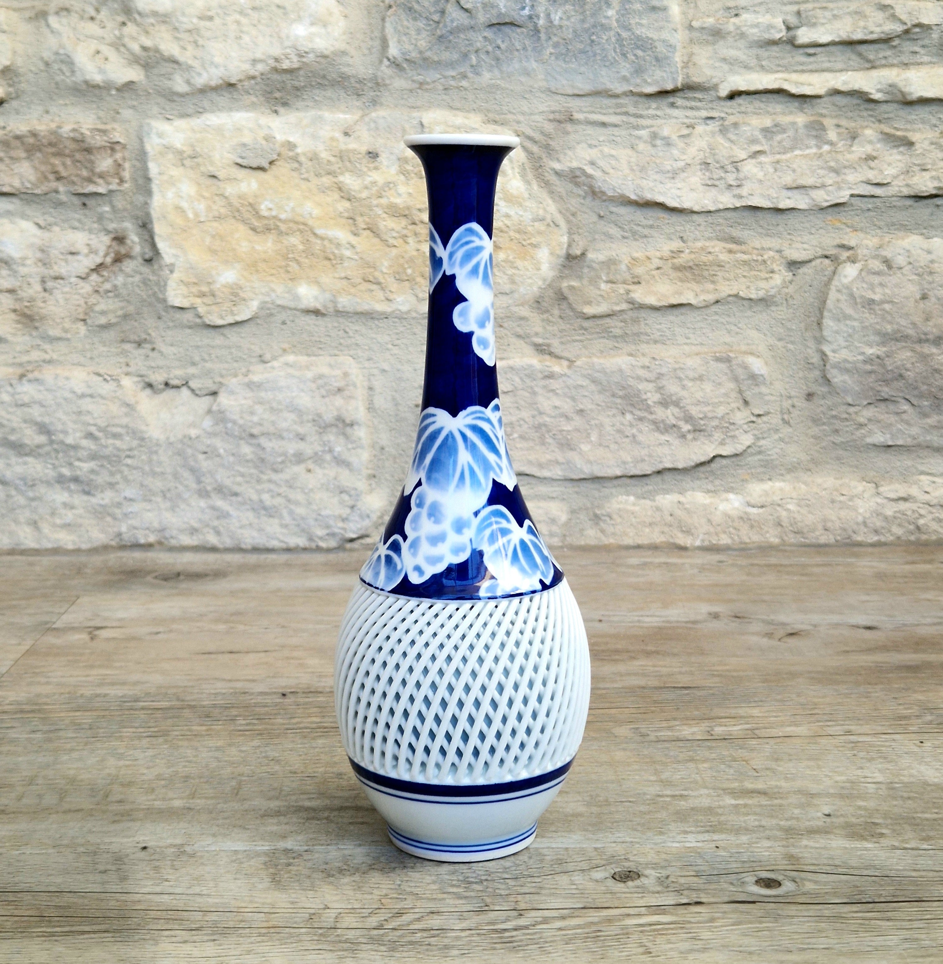 Japanese Arita Hasami Porcelain Vase Reticulated Open Lattice Cobalt Blue & White 24cm