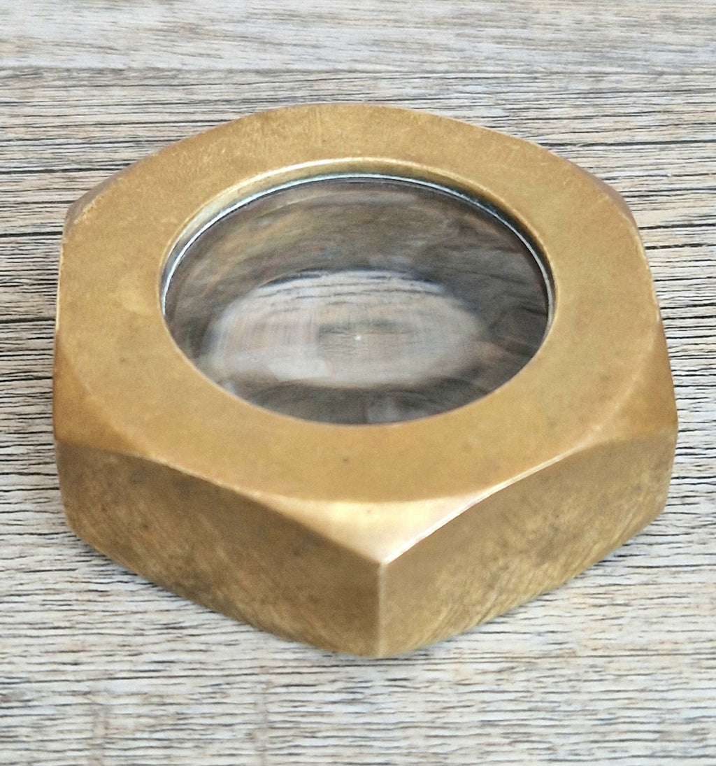 Carl Auböck Brass Hexagon Nut Magnifier Paperweight, Vintage Austria Werkstätte 1950s Desk Accessory, Model 5071 Authentic