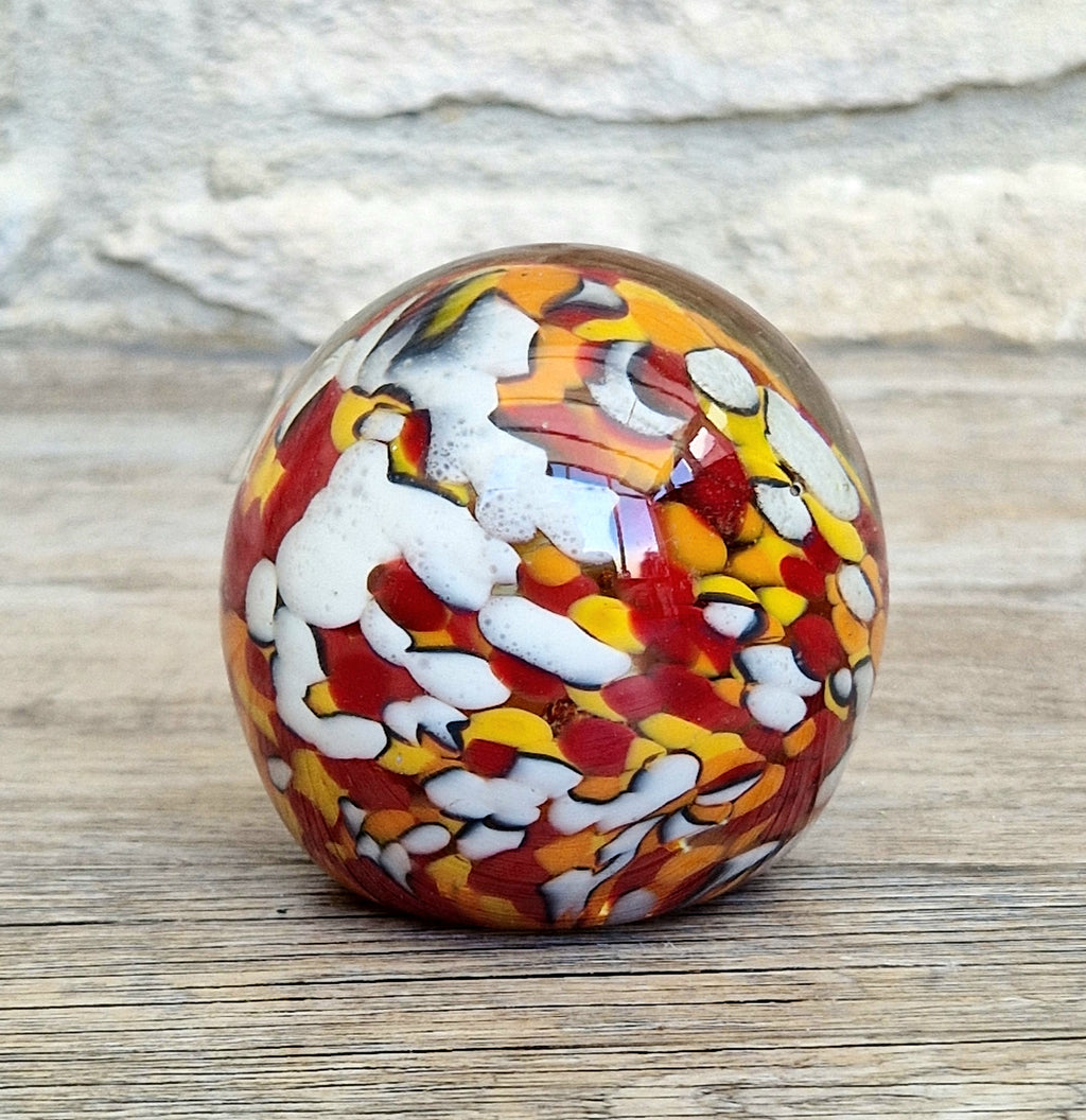 Vintage Orange, Red & White Speckled Mdina Art Glass Ball Paperweight Signed