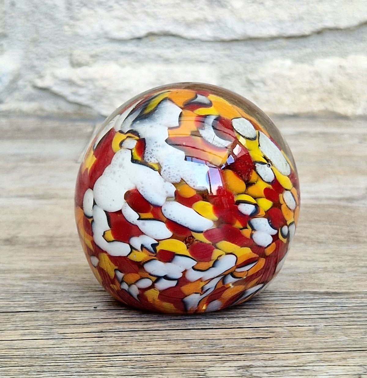 Vintage Orange, Red & White Speckled Mdina Art Glass Ball Paperweight Signed