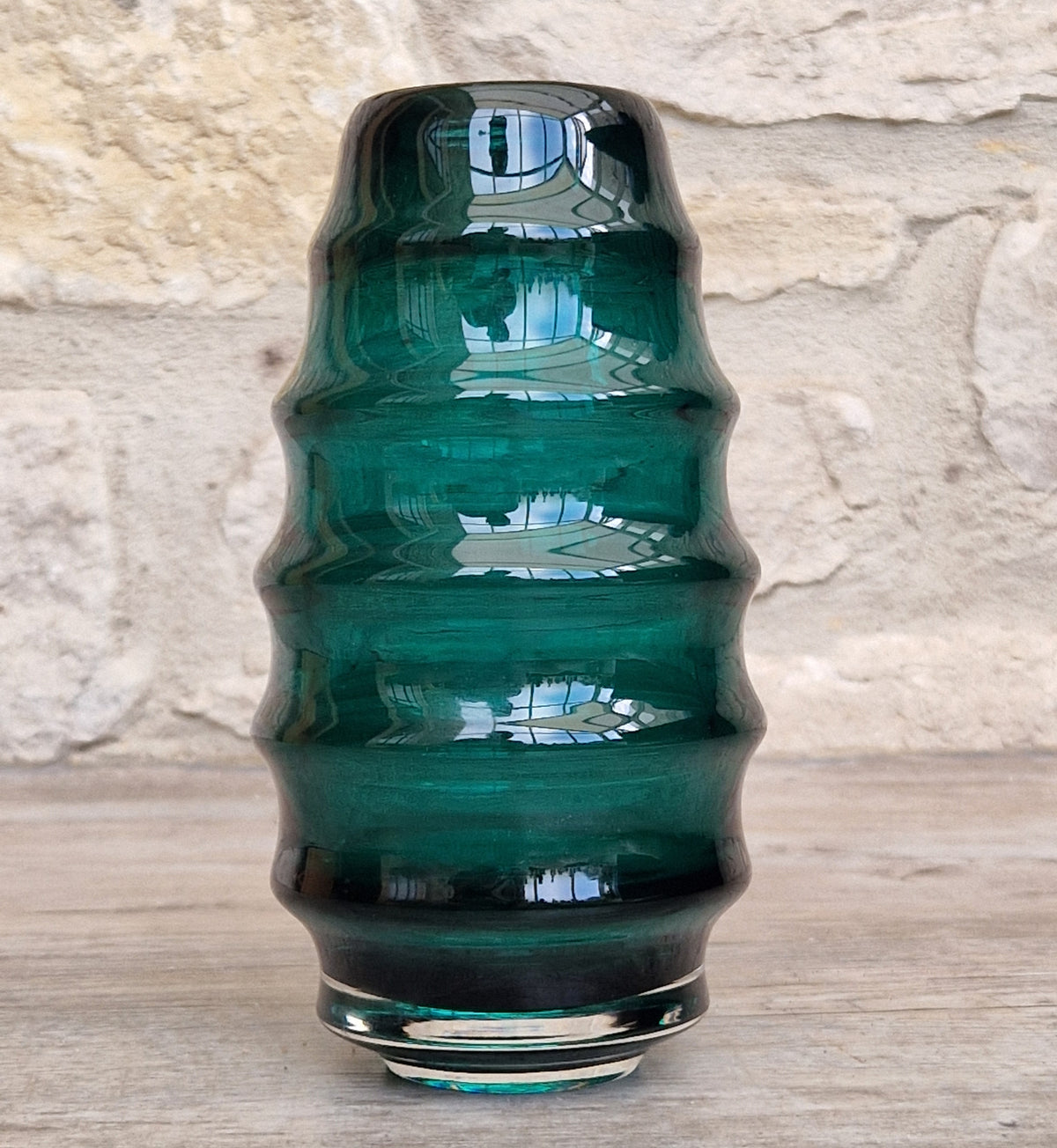 Midcentury Scandinavian Modern Hooped Vase Green Glass Magnor Norway, 1960
