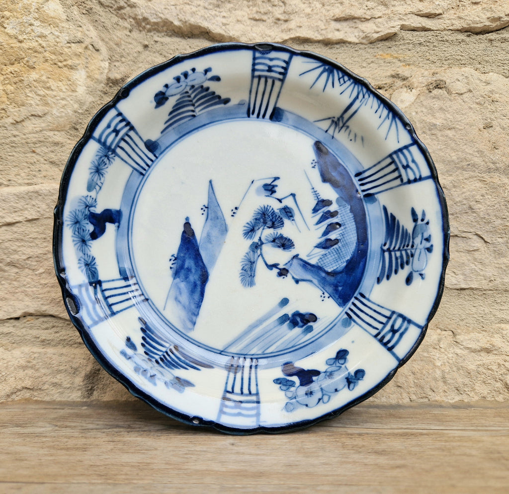 Japanese Ceramic Namasu-Zara Dish Blue & White Arita Edo 'Scholar's Retreat' Kraak Style Rare Antique