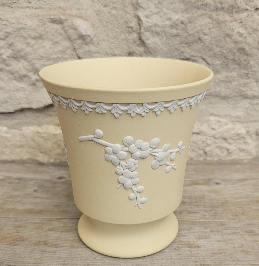 Vintage Wedgwood Jasperware Primrose Yellow Vase White Prunus England Collectible Decorative 10cm Tall