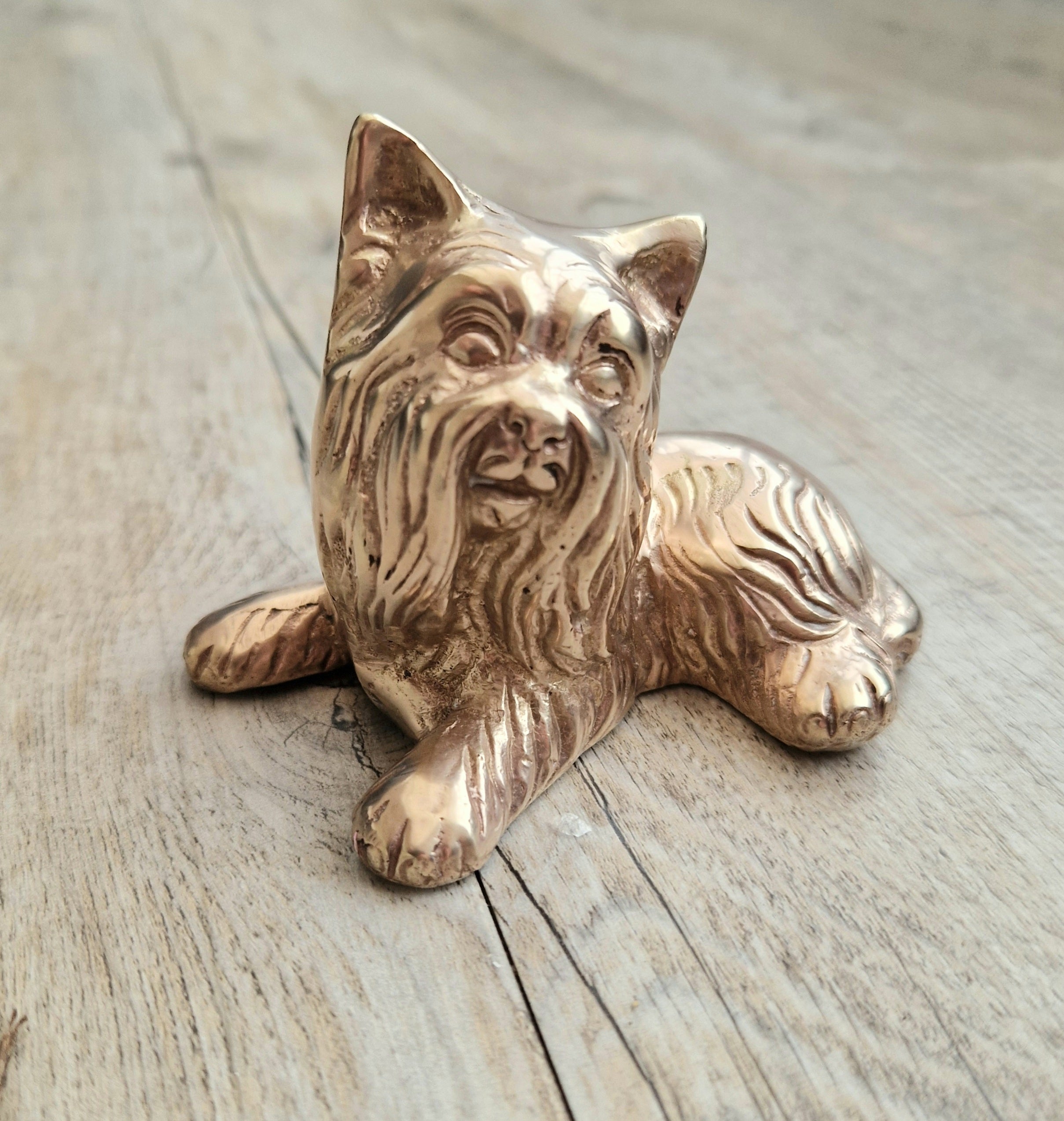 Vintage Solid Brass Yorkshire Terrier Figure Ornament 10cm