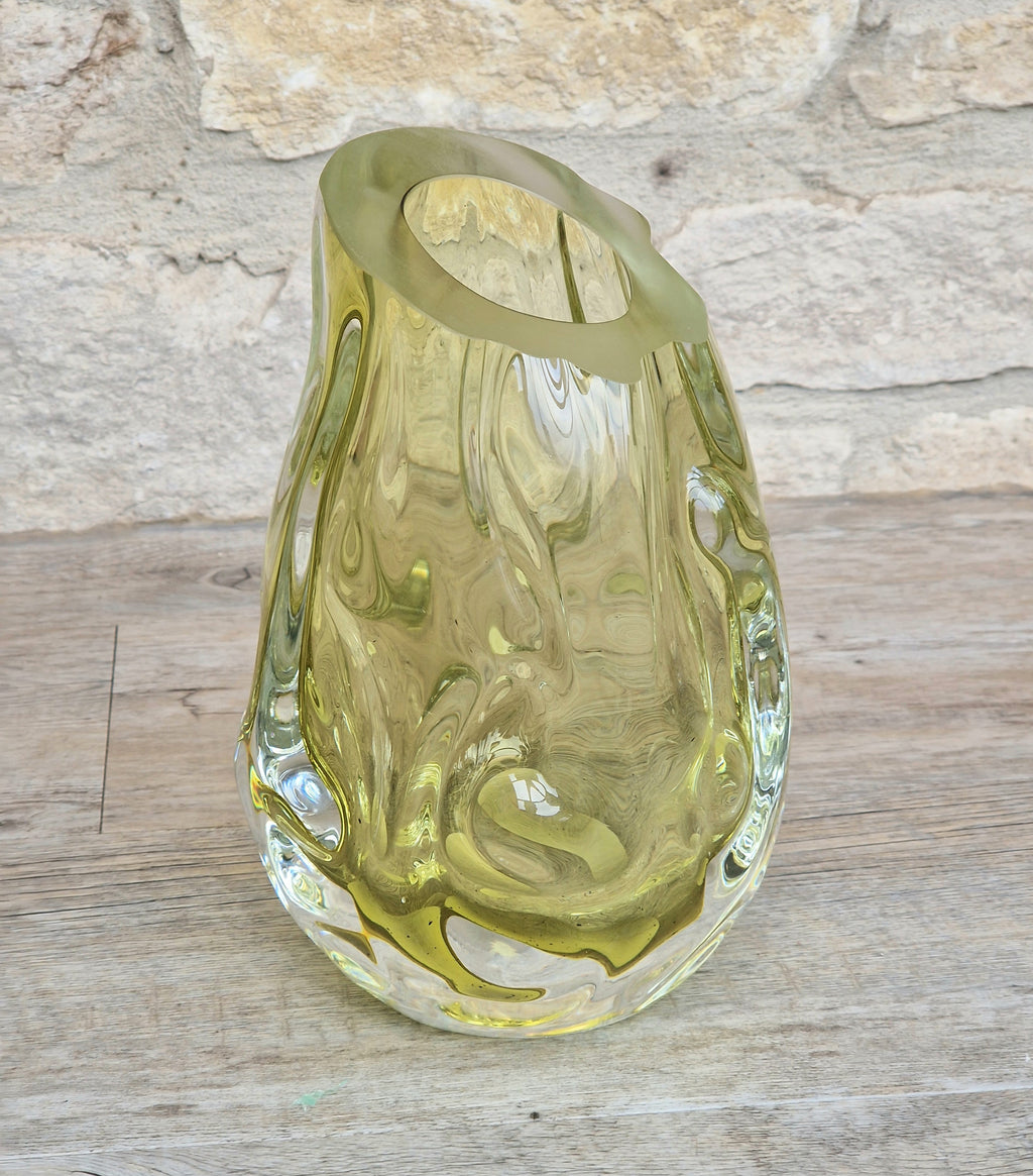 Murano Burri Glass Asymetrical Vase Light Olive Green Heavy Textured Vintage