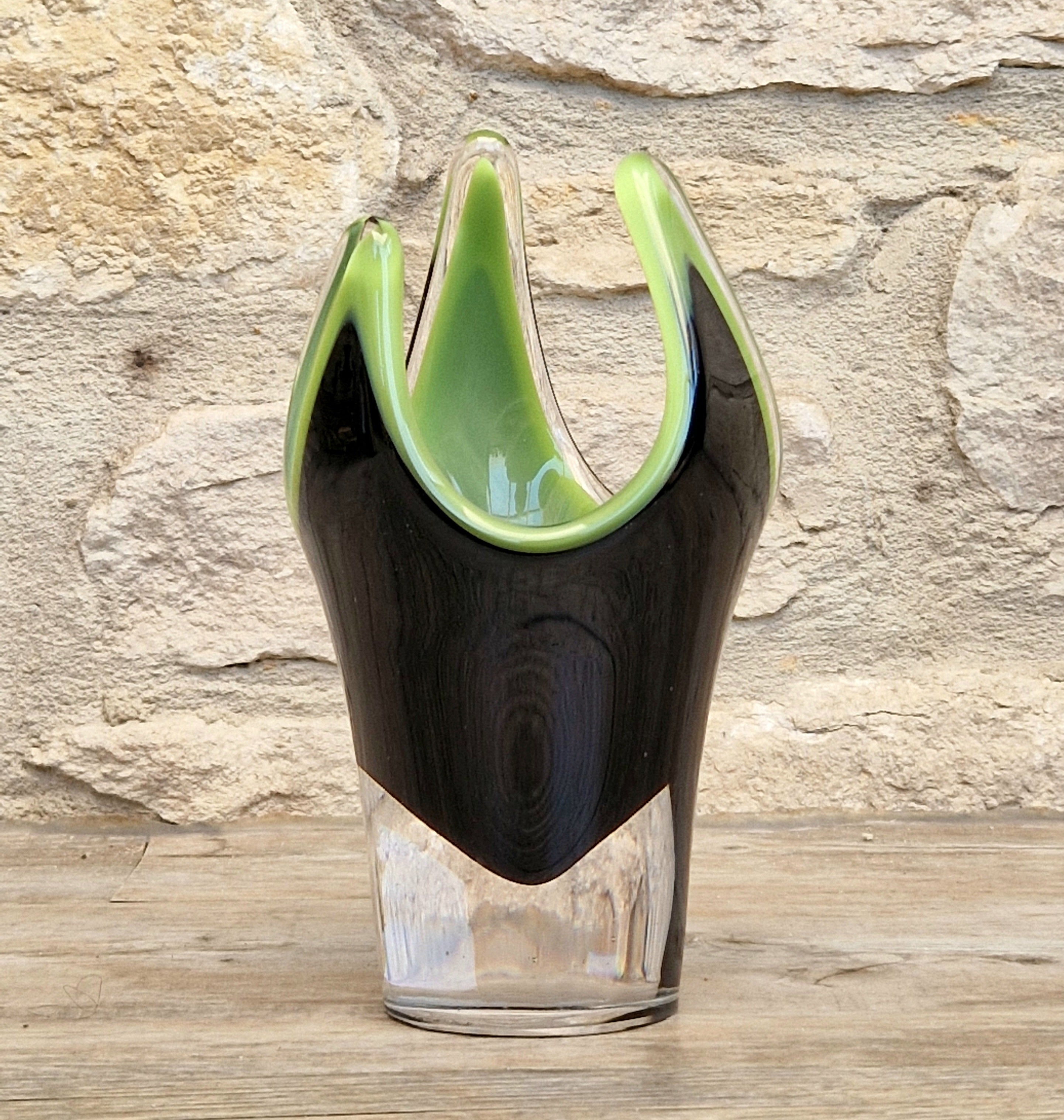Reijmyre Harlequin Vase Black & Green Signed Paul Kedelv Art Glass, 1958