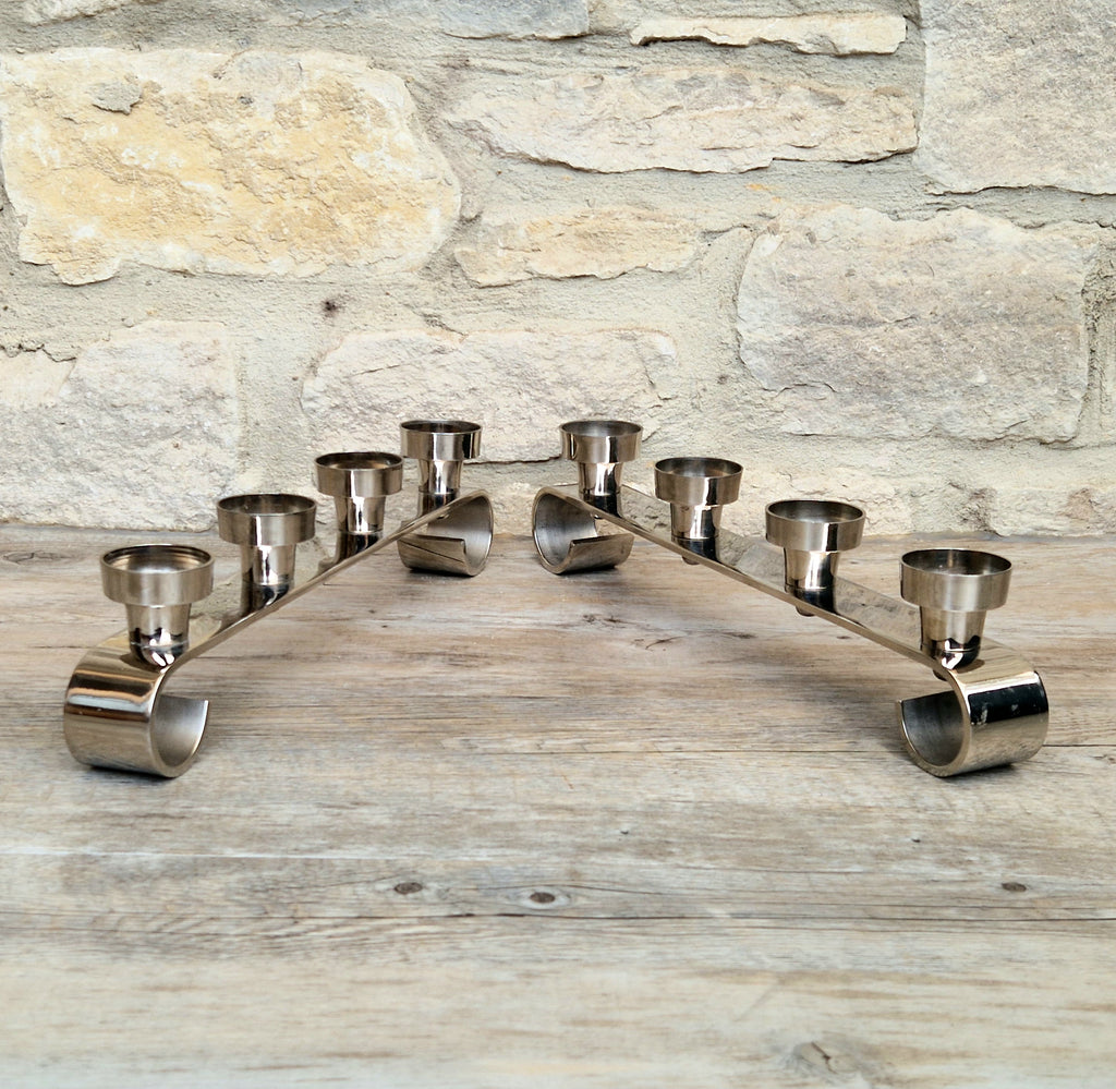 Pair MCM Futurist Chromed Stainless Steel Candle Holders Multi Candelabra Tealight Holders